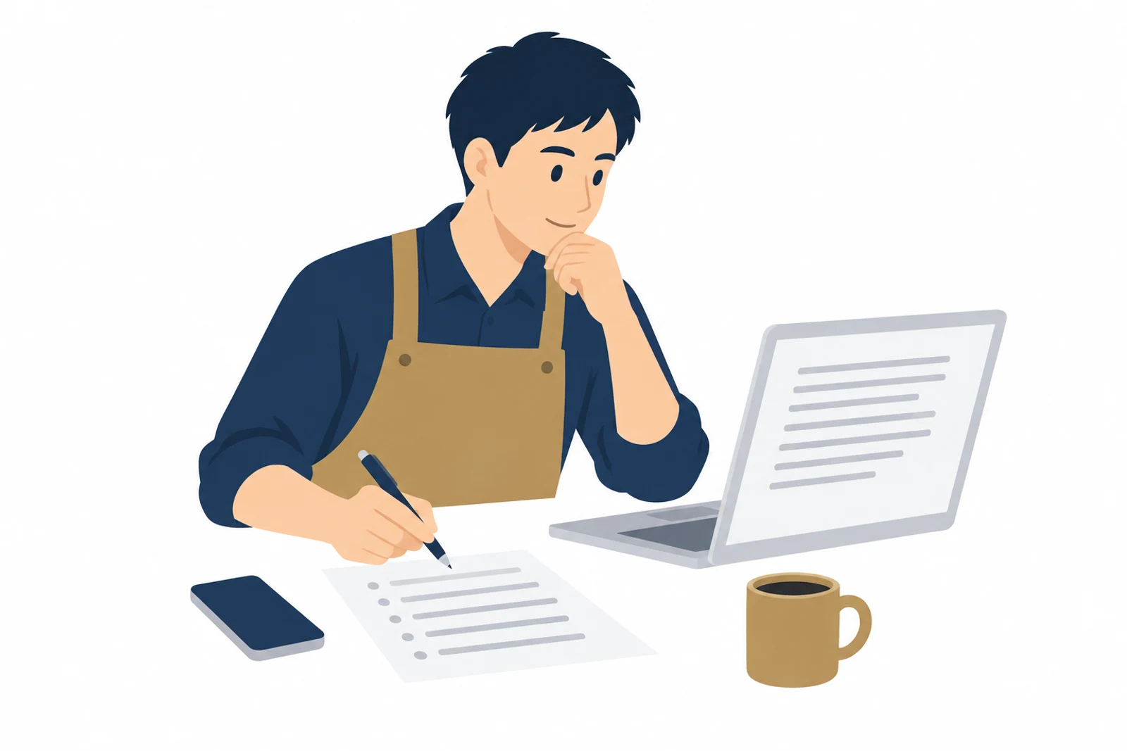 問い合わせ対応のAI業務効率化の事例として、AIが作った返信の下書きをよくある質問の一覧と見比べる男性のイラスト