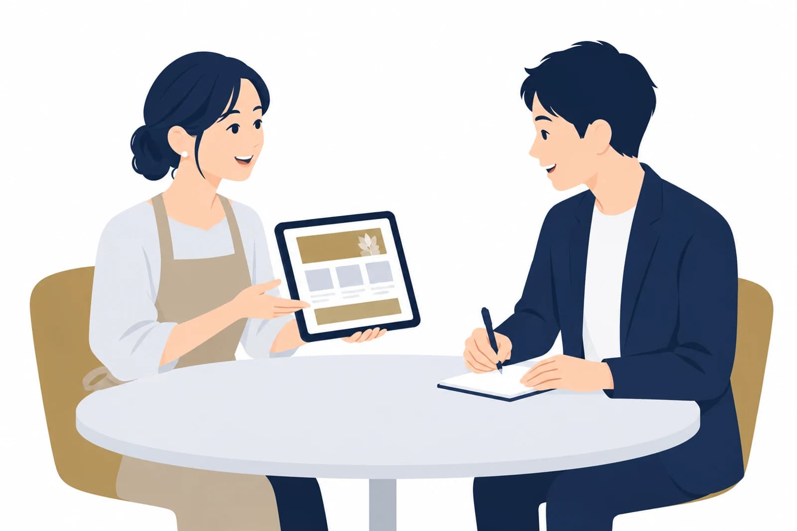 AIで作ったホームページの下書きを見せながら、制作者に続きを相談するサロンの店主のイラスト