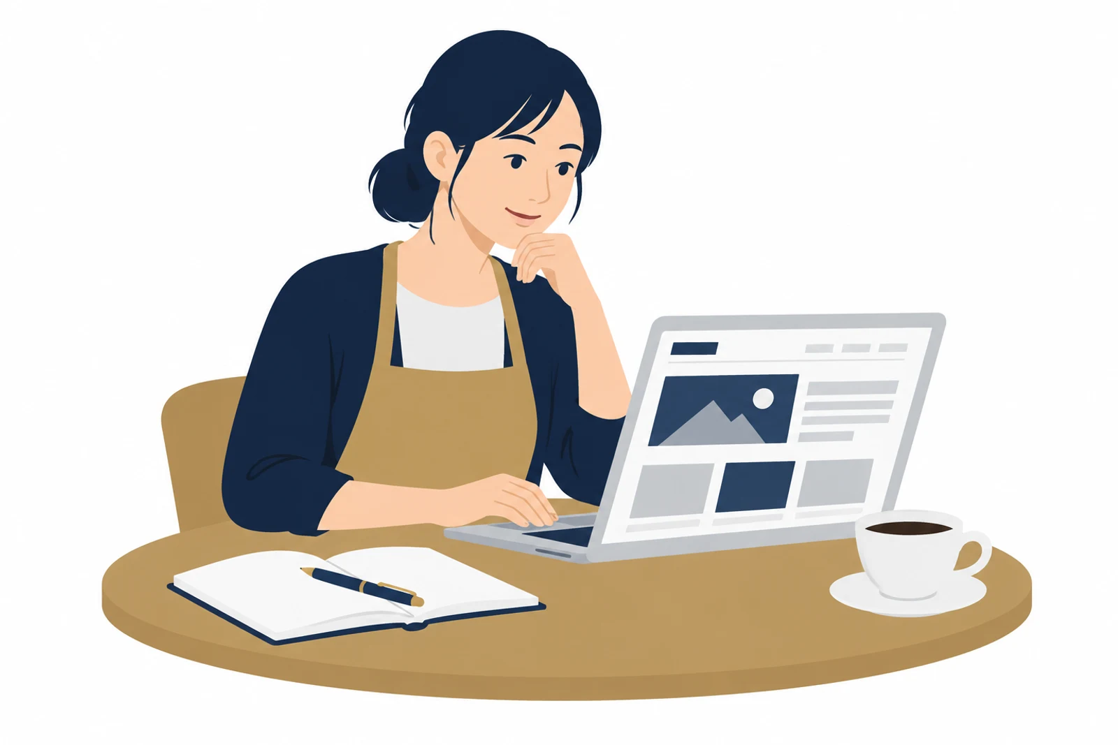 AIでホームページ作成をして、画面に出てきたページの形を確かめるカフェの店主のイラスト