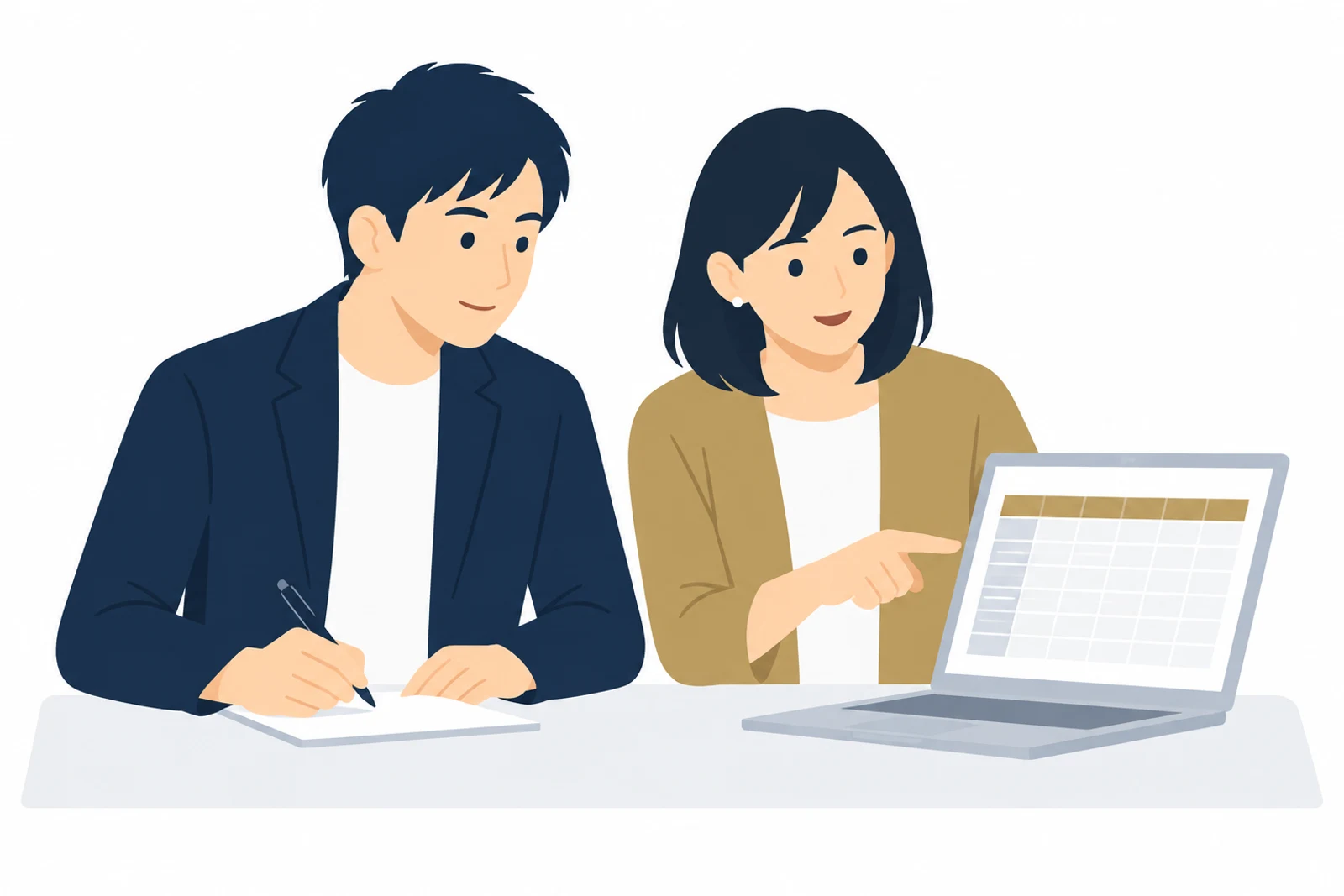 ChatGPTの業務活用をスプレッドシートとつなげられないか、画面を見ながら相談する2人のイラスト