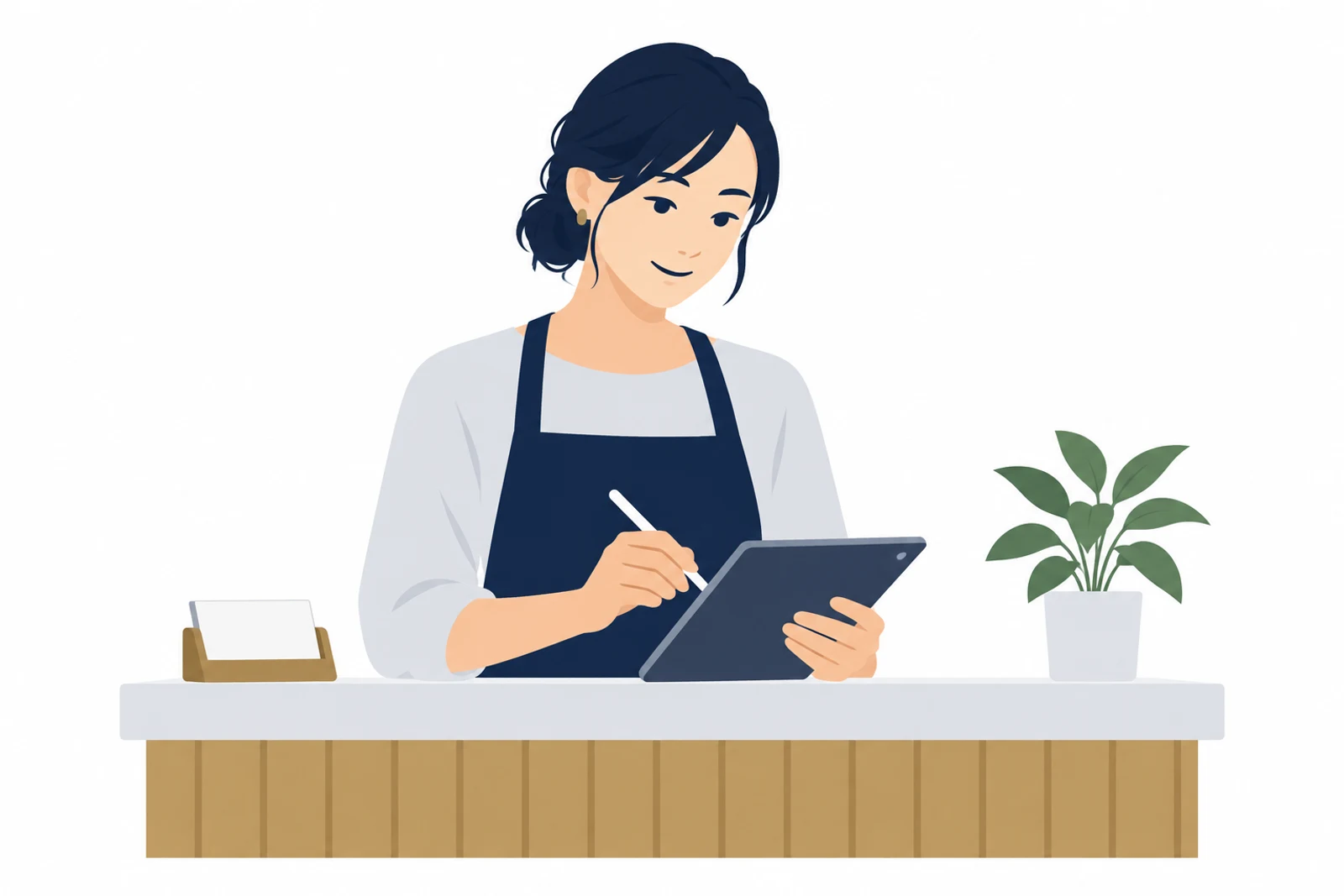 閉店後のサロンの受付で、生成AIを業務に活用してお知らせの文章を作る店主のイラスト