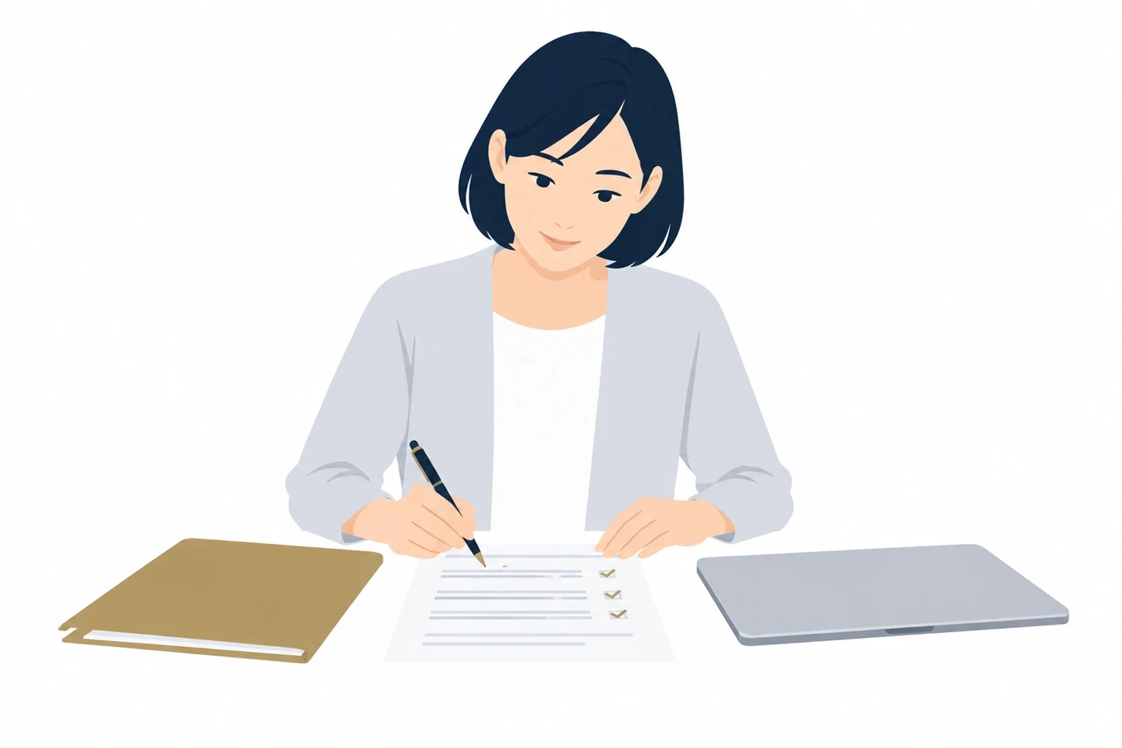 ホームページ制作会社との契約の前に、契約書の項目を確かめる事業者のイラスト