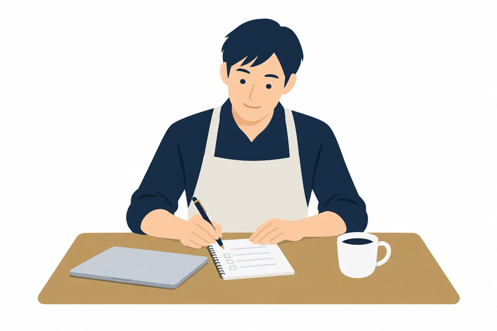 ホームページ制作会社に問い合わせる前に、目的と予算をノートに書き出す店主のイラスト