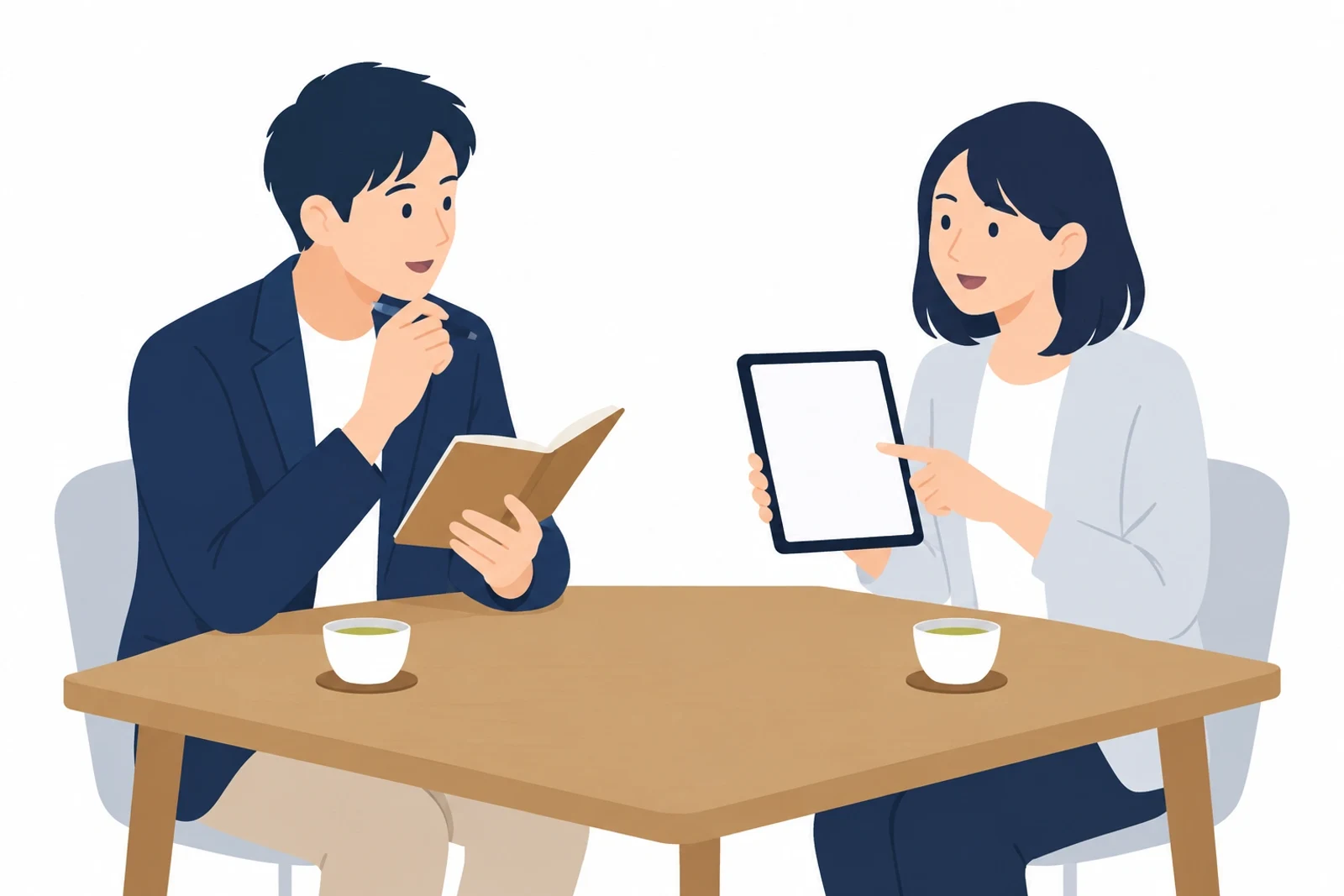 ホームページ制作会社の選び方として、打ち合わせでメモを見ながら質問する事業者と答える制作担当者のイラスト
