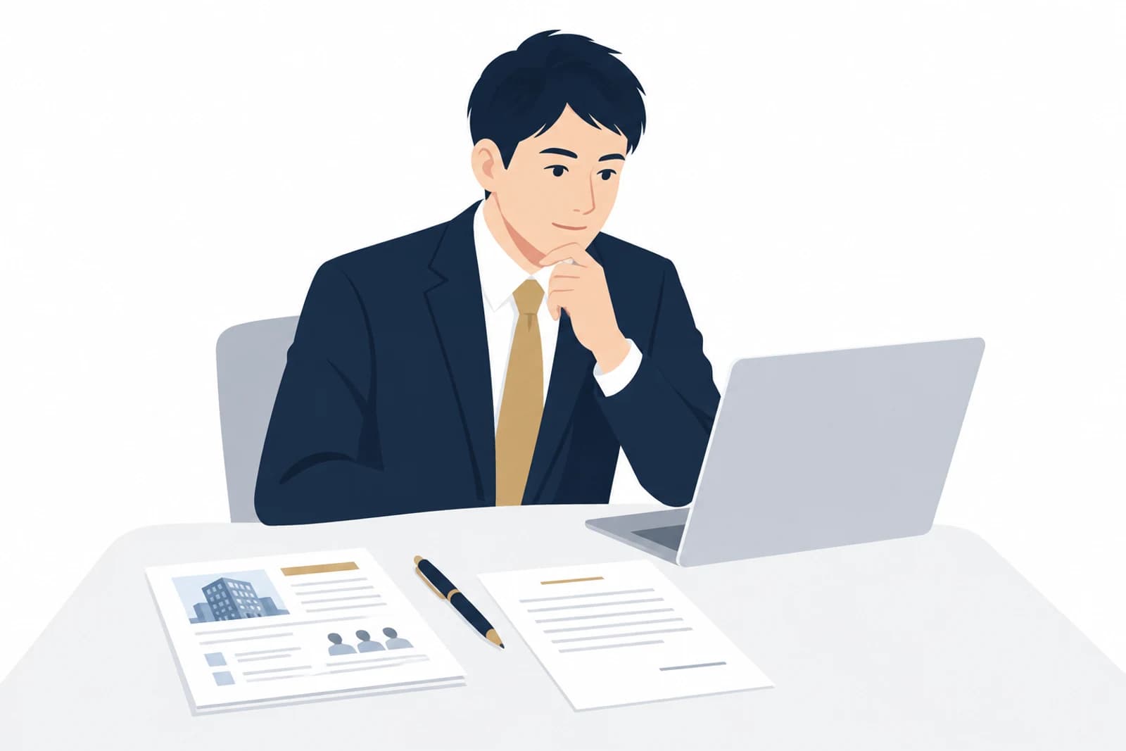 取引の前に、相手の会社概要をノートパソコンで確かめる担当者のイラスト