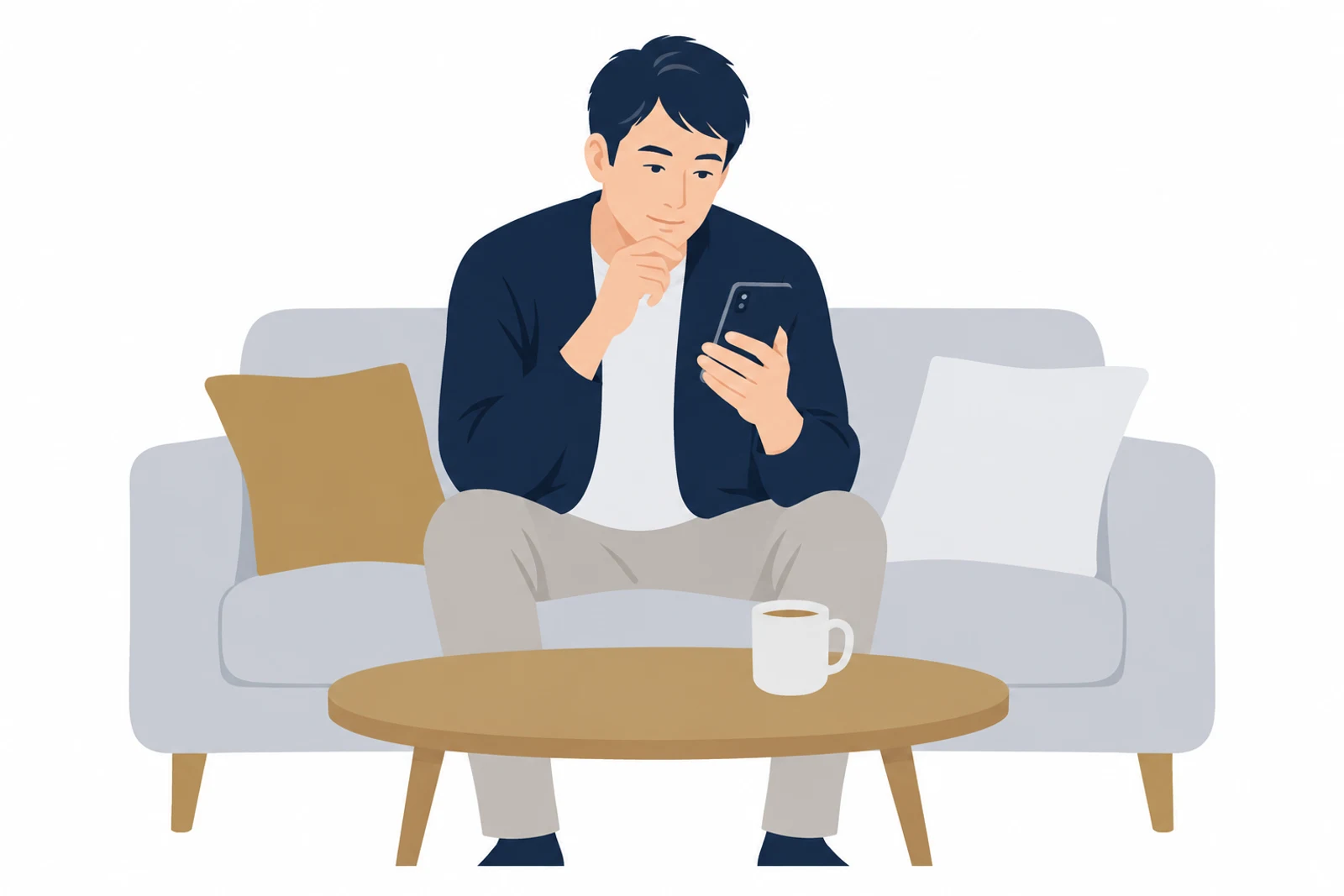問い合わせる前に、お店のホームページでお客様の声を読み比べる男性のイラスト