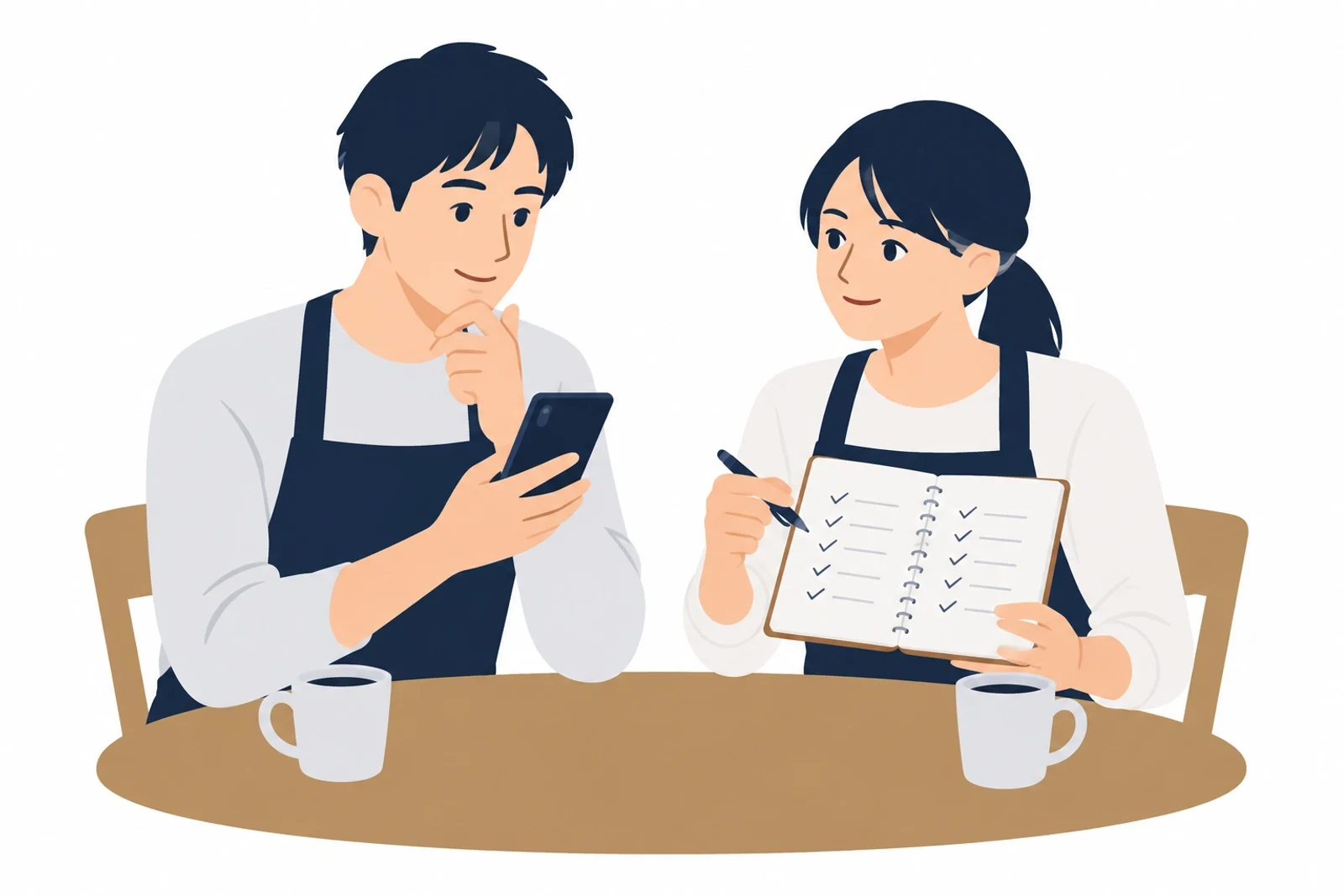 ホームページを無料で自分で作るか頼むかを、ノートに書き出して話し合うカフェの夫婦のイラスト