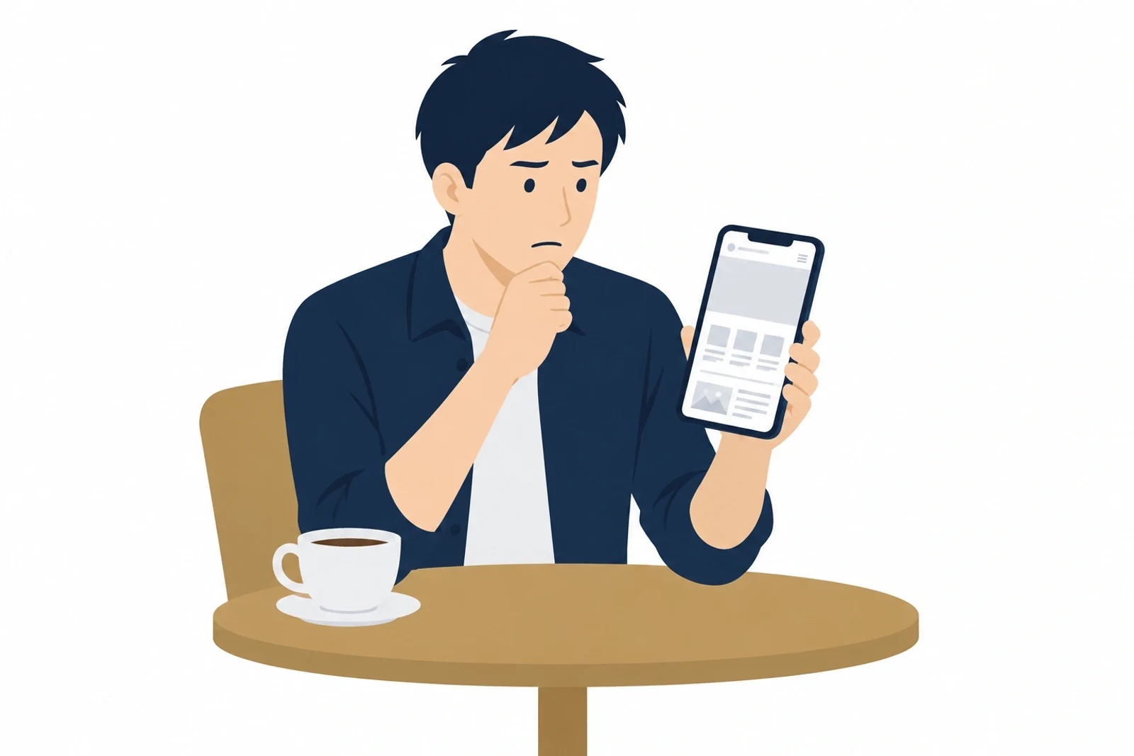 無料で作成したホームページをスマホで確かめ、上部の広告の表示に気づいて困る事業者のイラスト