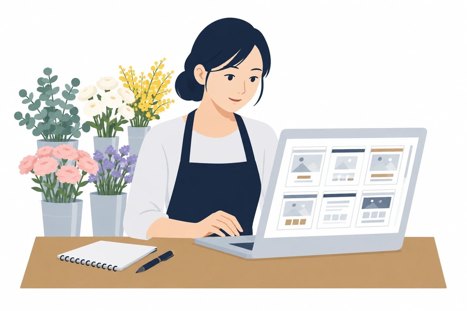 ホームページを無料で作成するために、作成サービスのテンプレートを見比べる店主のイラスト