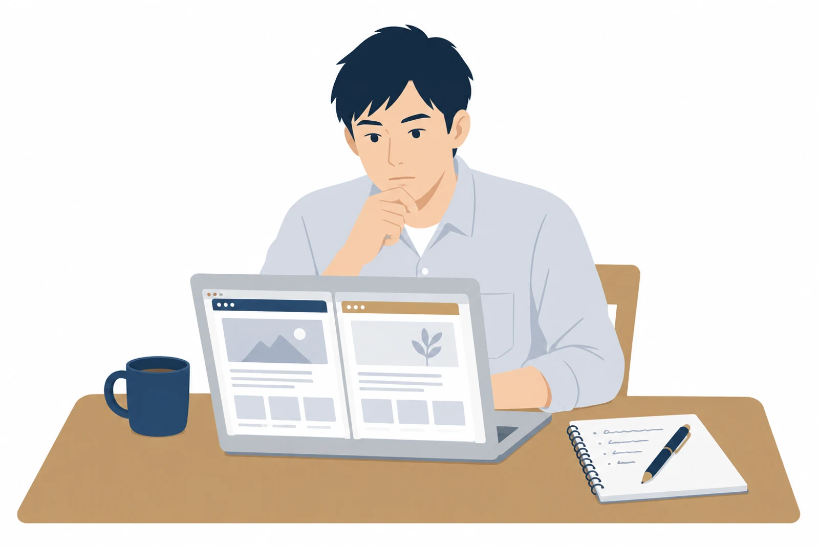 ホームページを置く無料サーバーの種類を、ノートパソコンで見比べる男性のイラスト