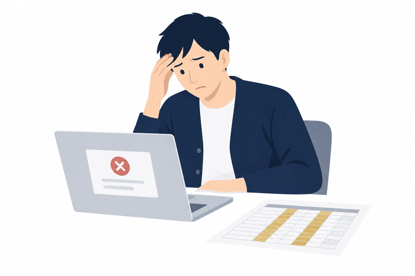 自分で作ったGoogle Apps Scriptの自動化が止まり、エラーの知らせを見て困る担当者のイラスト