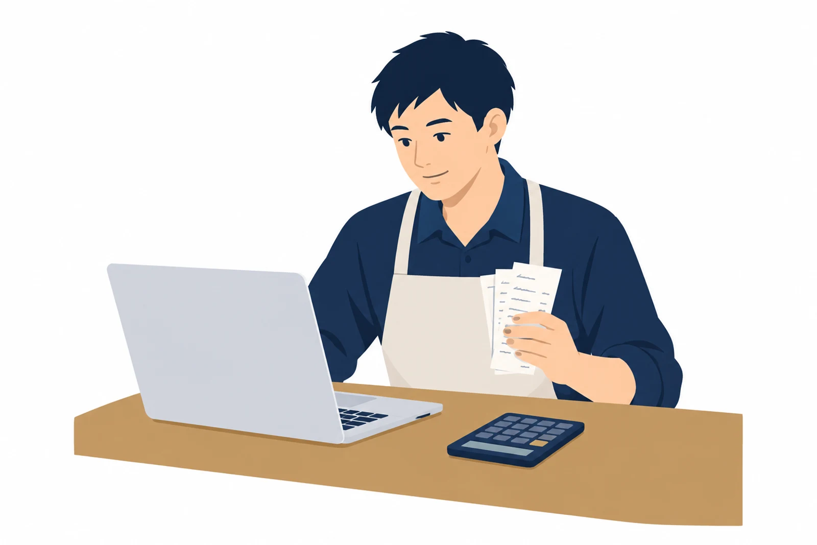 Google Apps Scriptでできることを考えながら、手書きの伝票とスプレッドシートを見比べる店主のイラスト