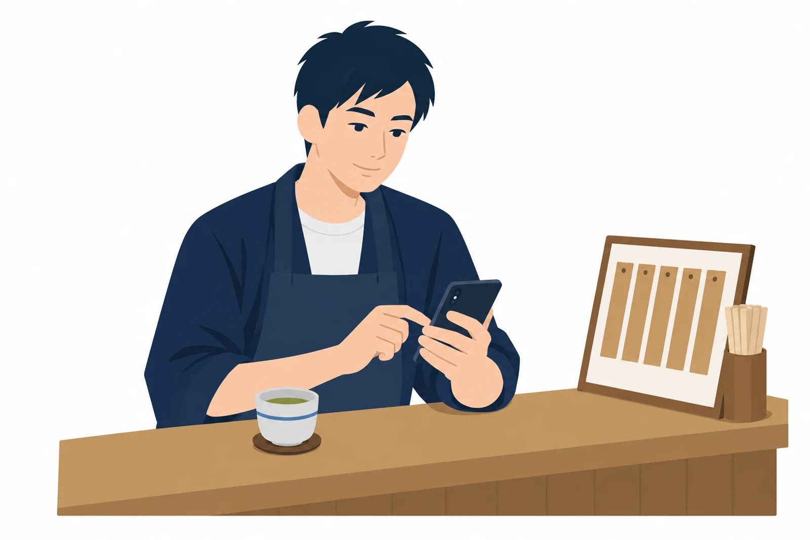 Googleビジネスプロフィールに届いたクチコミに、開店前のカウンターでスマホから返信する飲食店の店主のイラスト