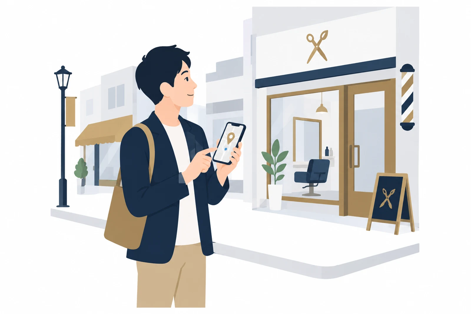 Googleビジネスプロフィールに登録されたお店を、スマホの地図で探して確かめる男性のイラスト