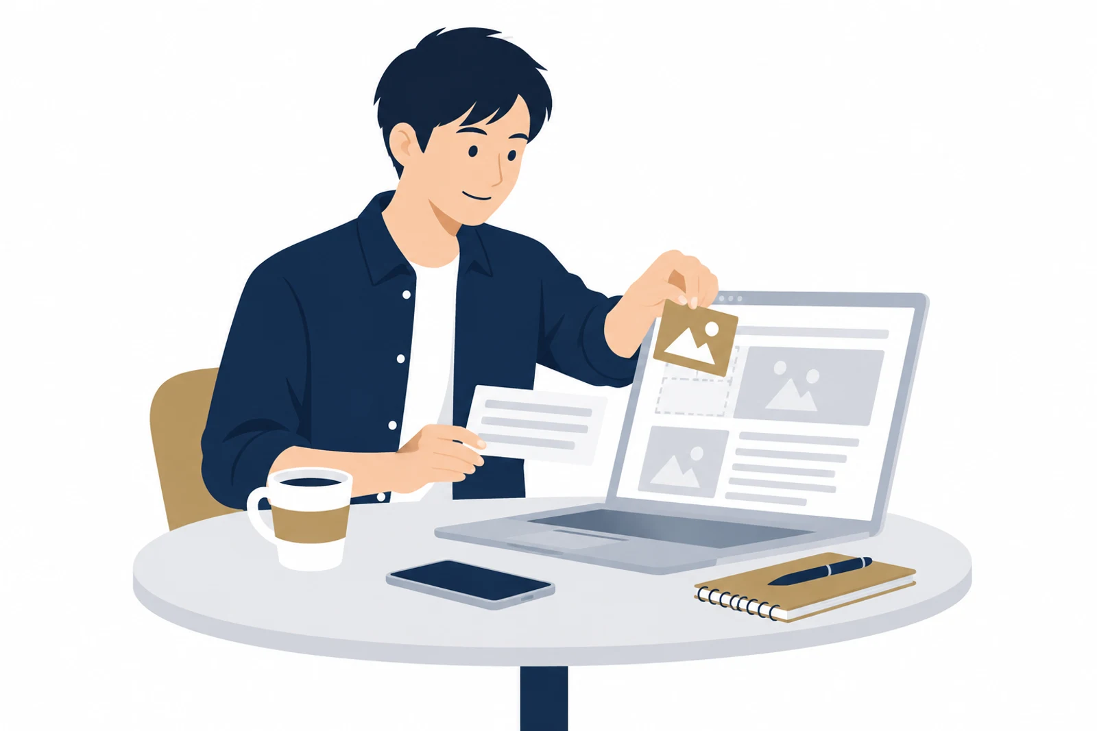 Googleのホームページ作成ツールで、ブラウザ上で文字と画像のブロックを並べてページを作る男性のイラスト