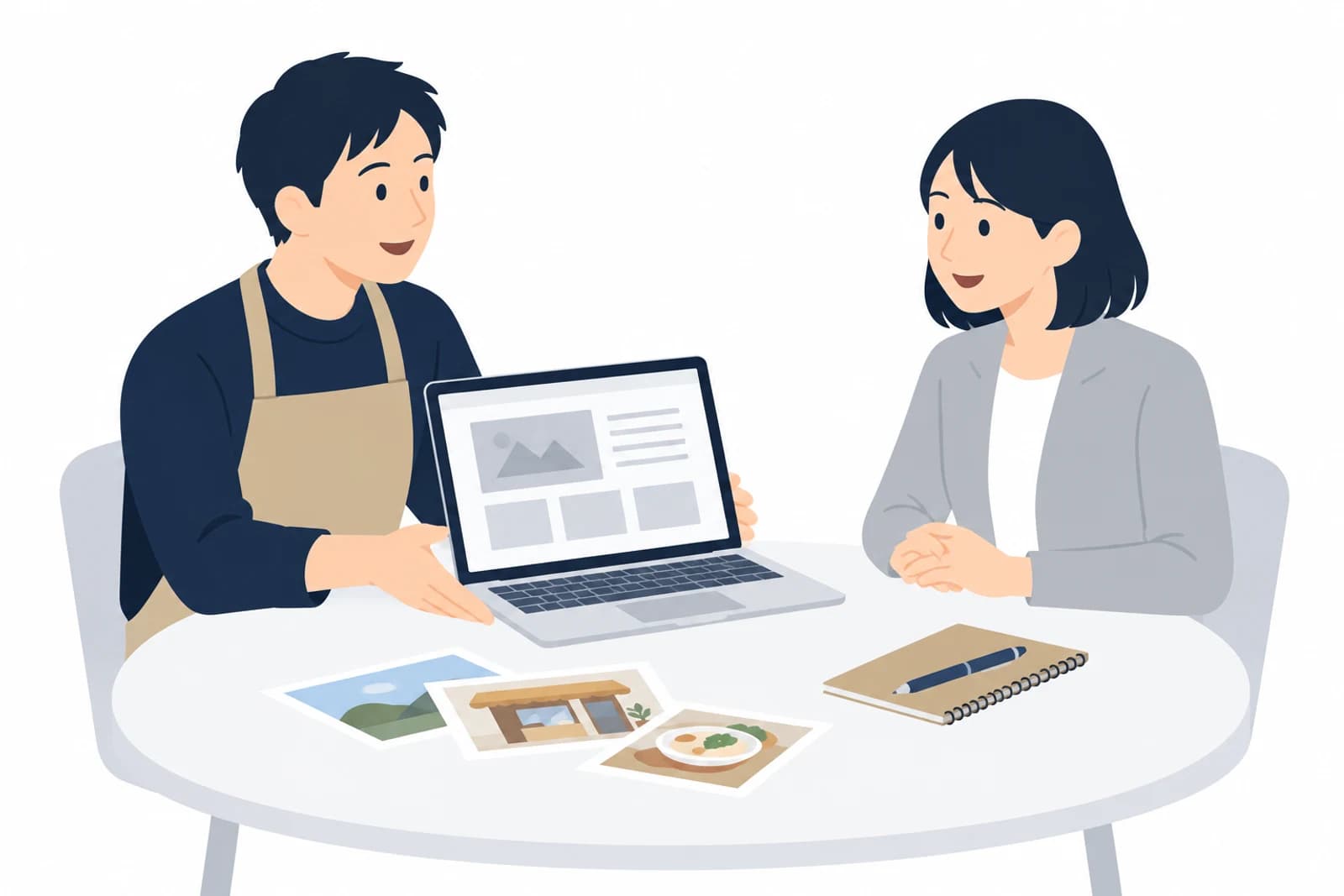 Googleのホームページ作成ツールで作ったページを見せながら、作り直しを制作者に相談する男性のイラスト