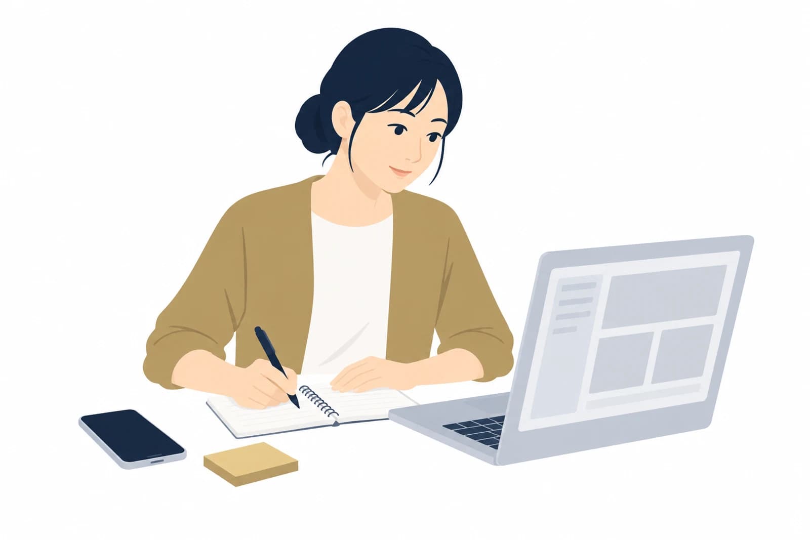 Googleのホームページ作成で独自ドメインを設定する前に、登録先とアカウントをノートにまとめる女性のイラスト