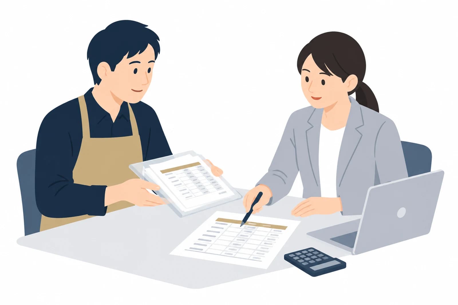 ホームページ制作費の勘定科目について、請求書をそろえて税理士に相談する店主のイラスト