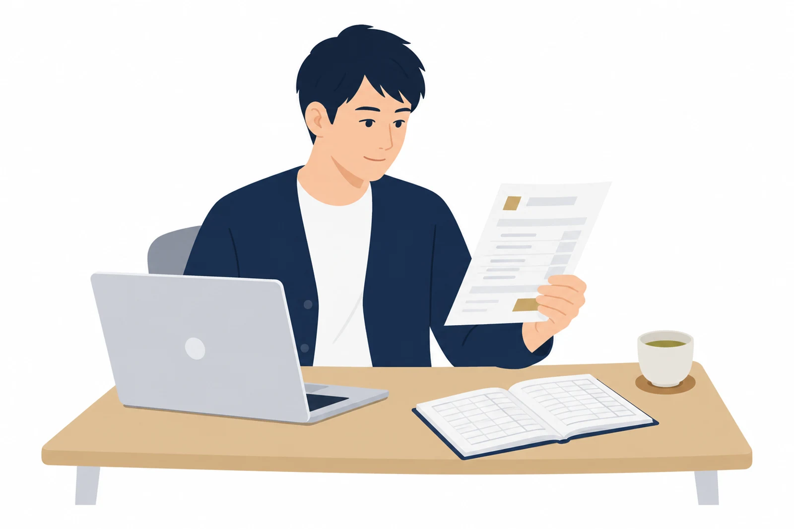 ホームページ制作費の請求書を見ながら、どの勘定科目にするかを考える事業者のイラスト