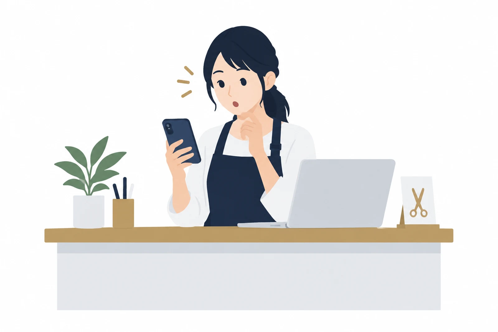自分のスマホでホームページを開いたことがアクセス解析の人数に入っていると気づくサロンの店主のイラスト
