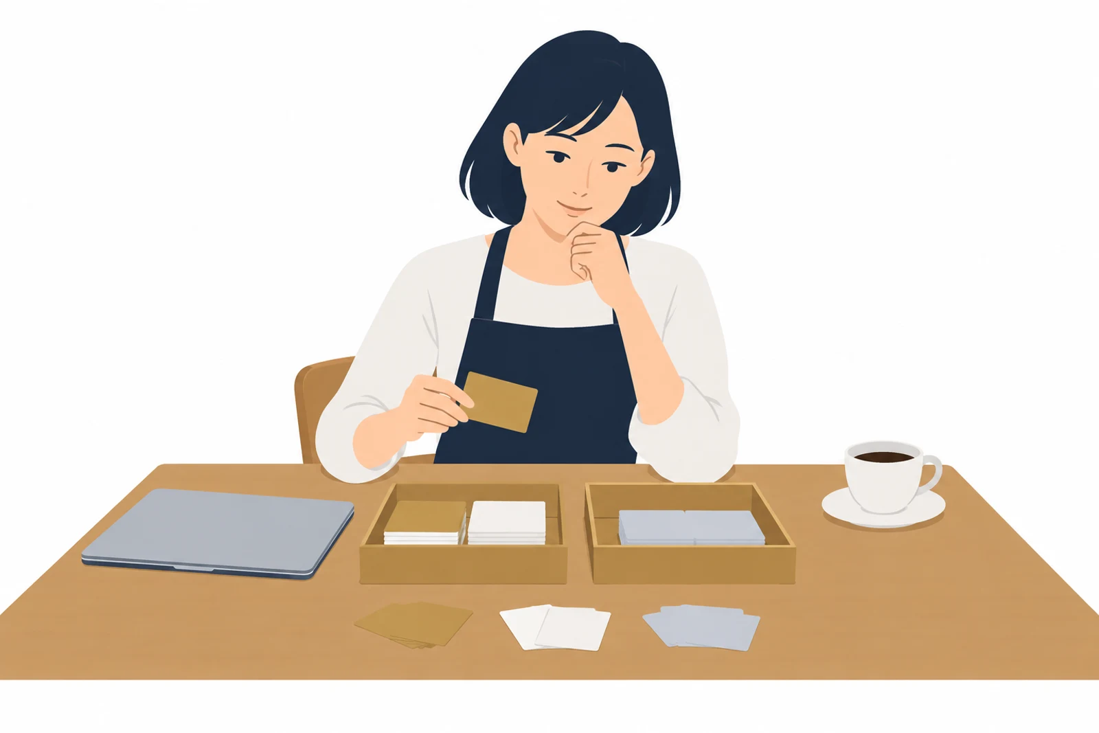 ホームページを安く作るために、残す作業と外す作業をカードで仕分ける女性のイラスト