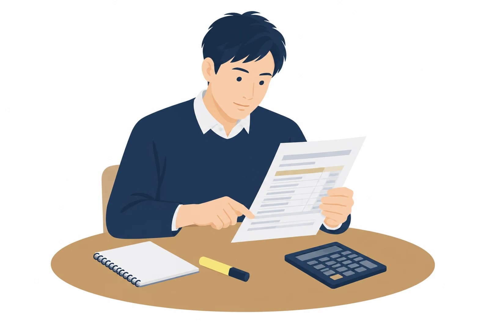 ホームページ制作の見積もりを、合計金額ではなく項目ごとに指でなぞって確かめる男性のイラスト
