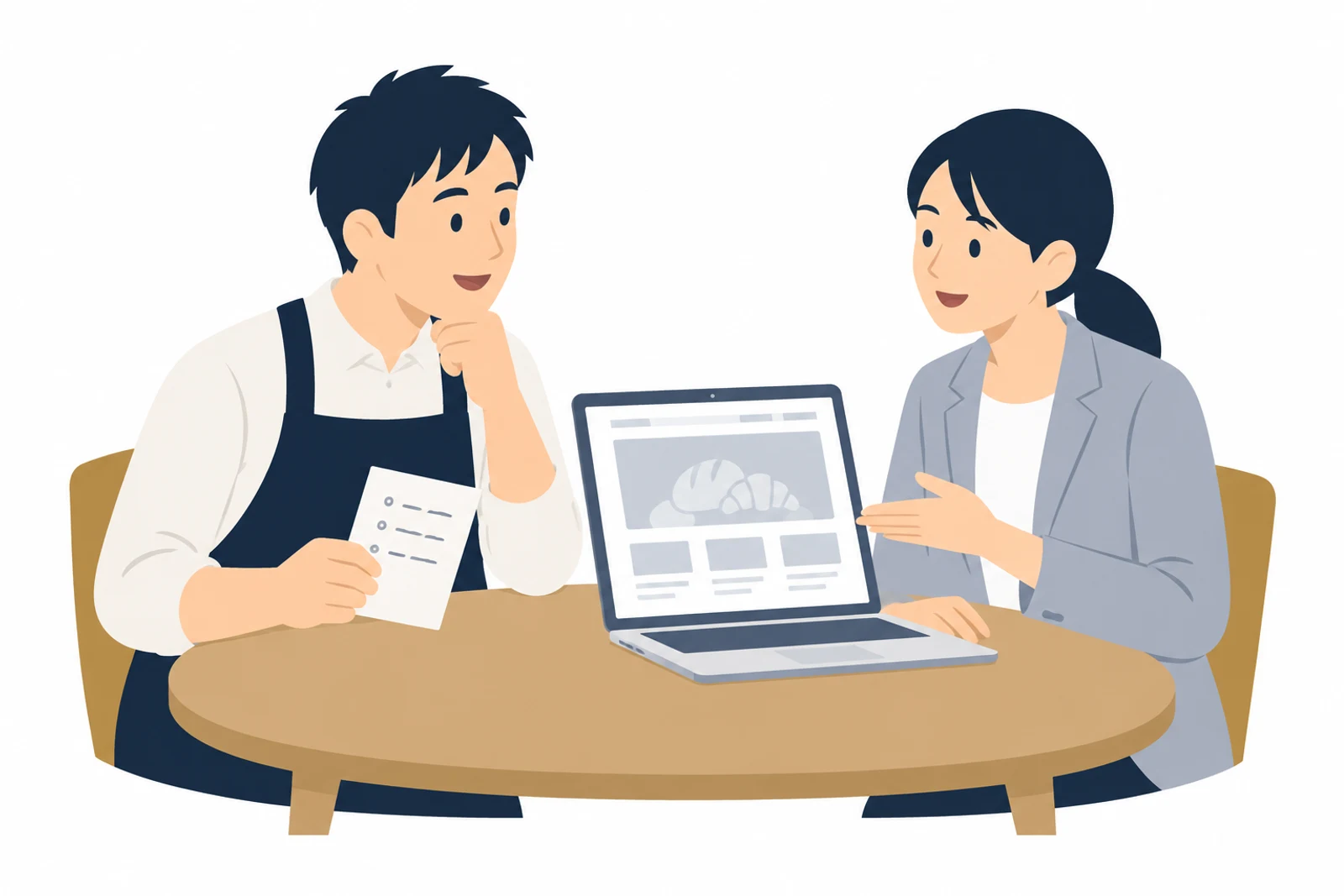 ホームページの修正料金を相談するため、直したい箇所の一覧を手に制作担当者と画面を見るパン屋の店主のイラスト