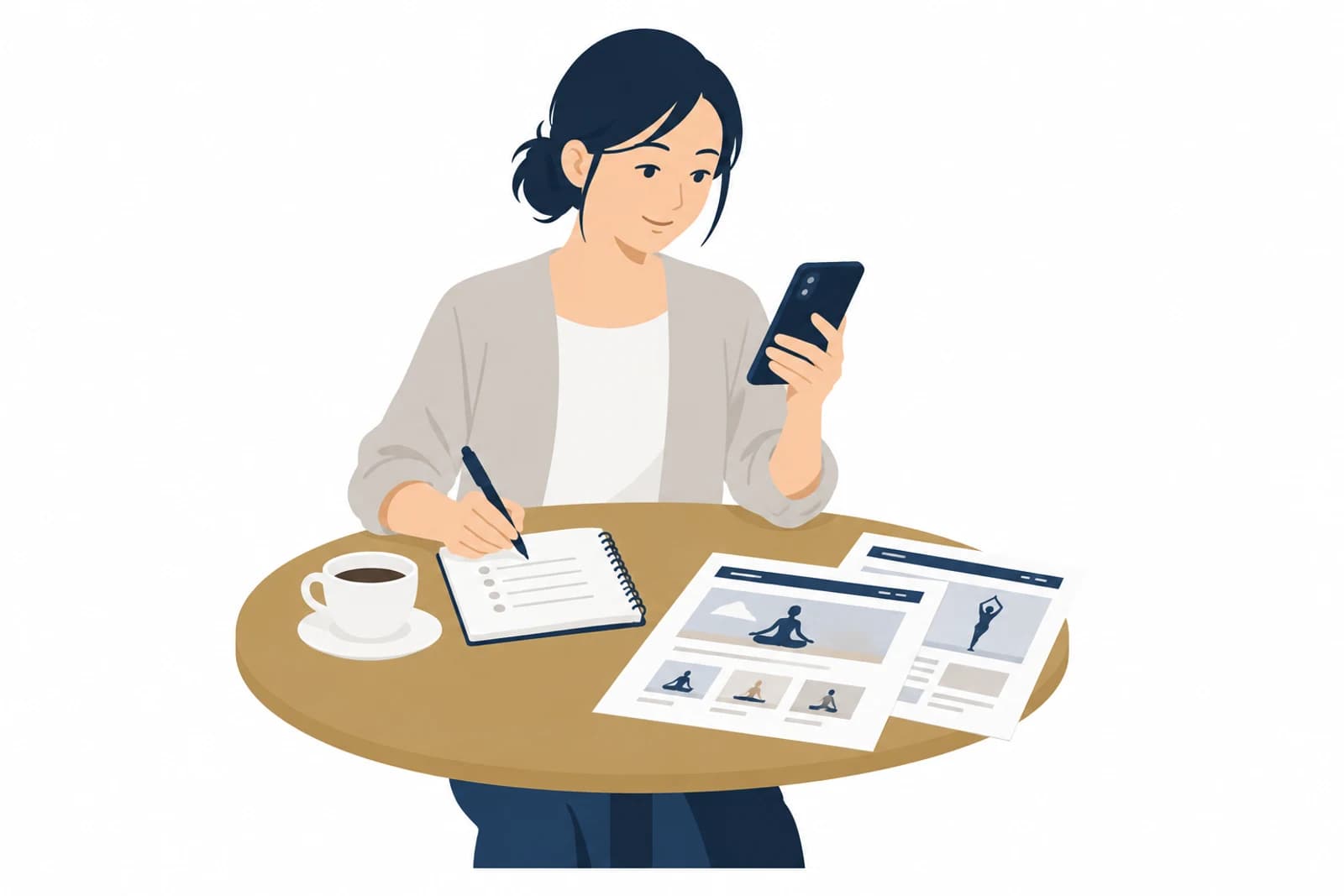 ホームページの修正を見積もってもらう前に、スマホでサイトを見ながら直したい箇所をノートに書き出すヨガ教室の講師のイラスト