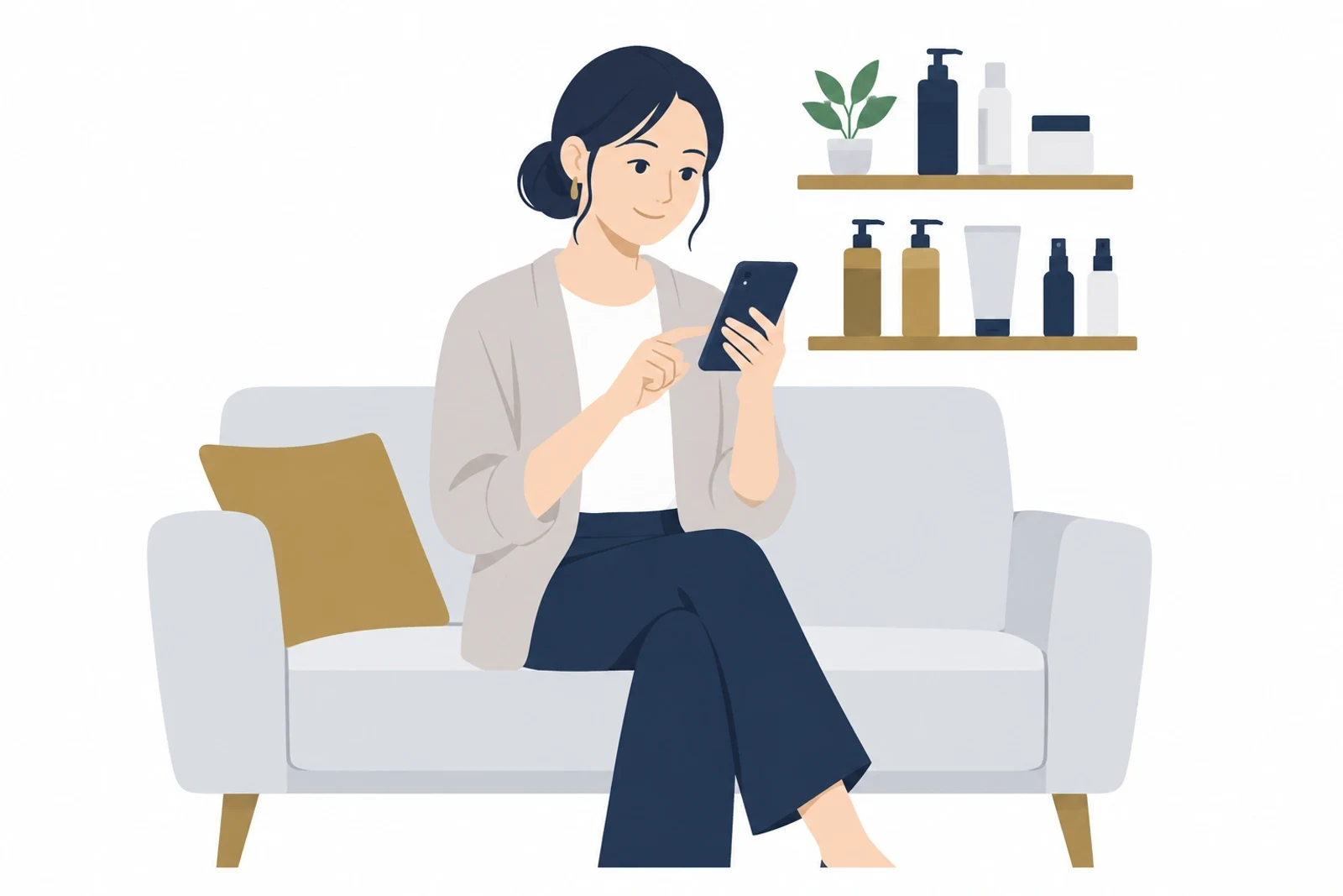 スマホでホームページを作る美容室の店主が、休憩中に画面を指で編集しているイラスト