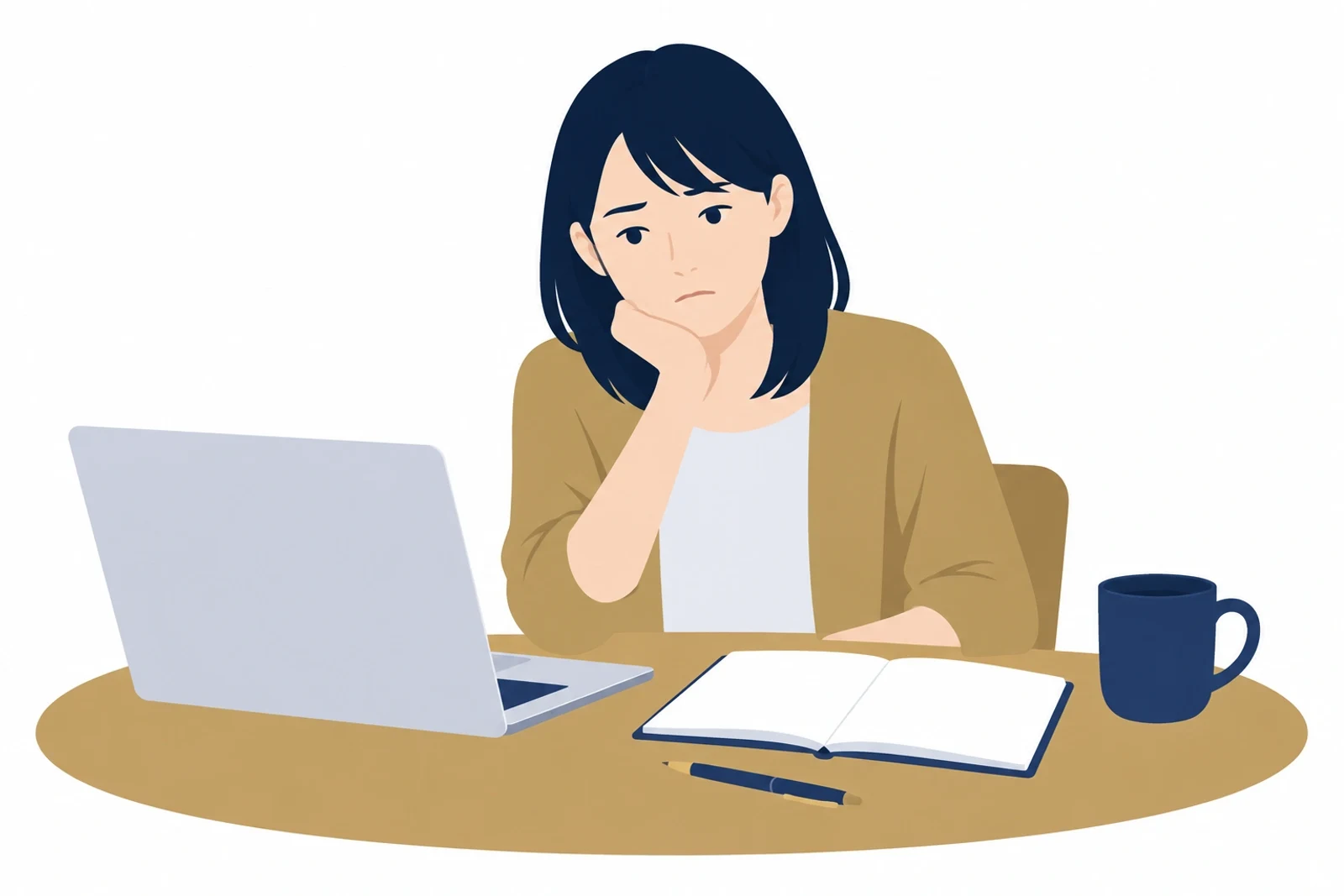 ホームページを自作する途中で、文章が書けずに手が止まっている事業者のイラスト