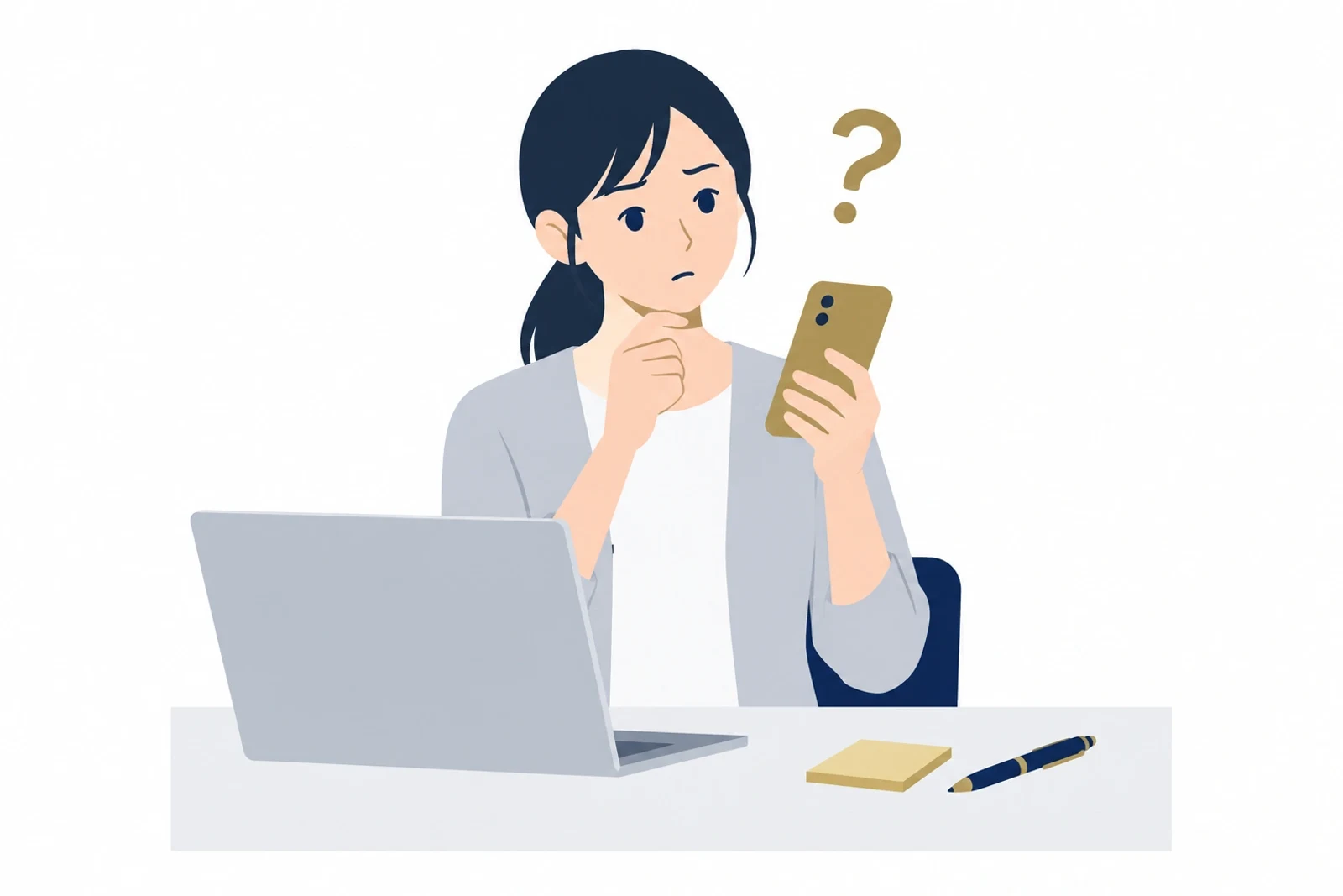 ホームページを更新したのに更新されない表示に戸惑い、スマホとパソコンで見比べる担当者のイラスト