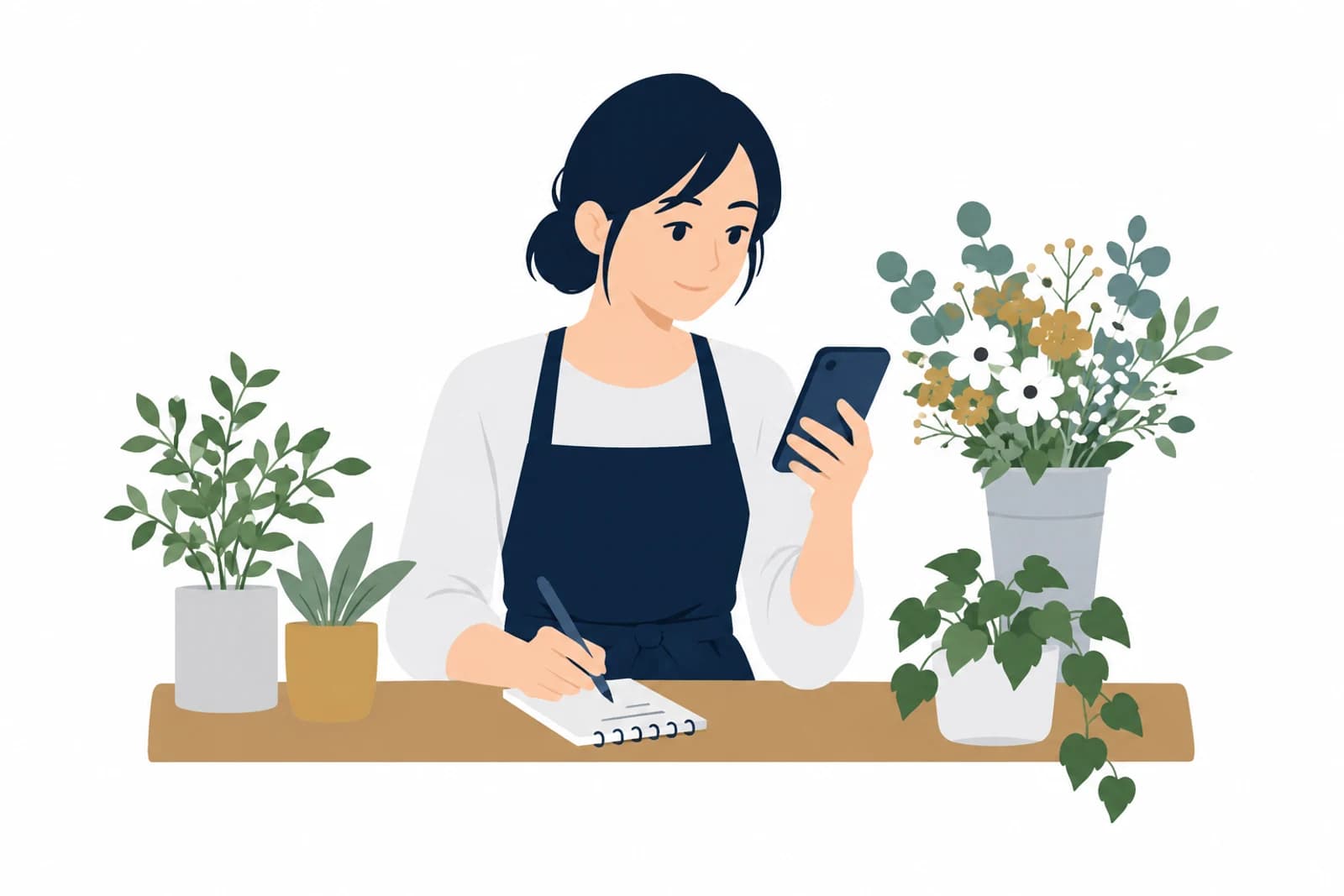 個人でお店を営む女性が、閉店後にホームページの維持費を抑えるため支払い先を書き出しているイラスト