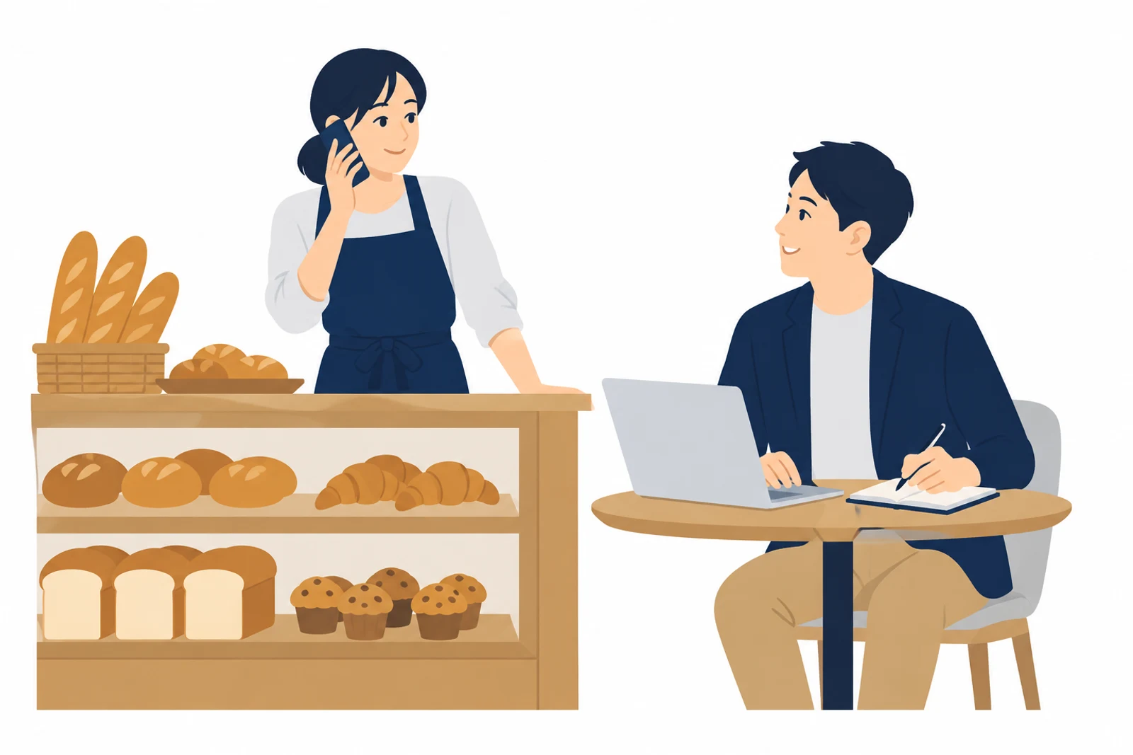 ホームページを丸投げしたい、本業で手が離せない店主と、作業を引き受ける制作担当者のイラスト