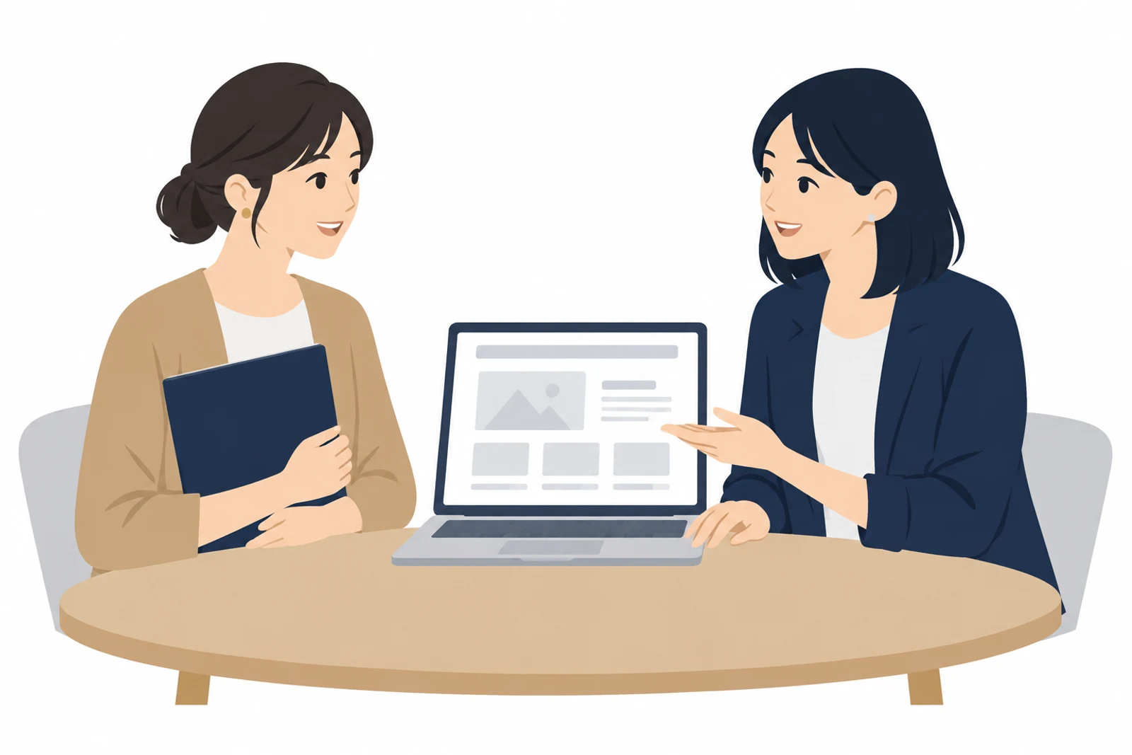 ホームページを持つと決めた事業者が、制作担当者と費用や進め方を相談している打ち合わせのイラスト