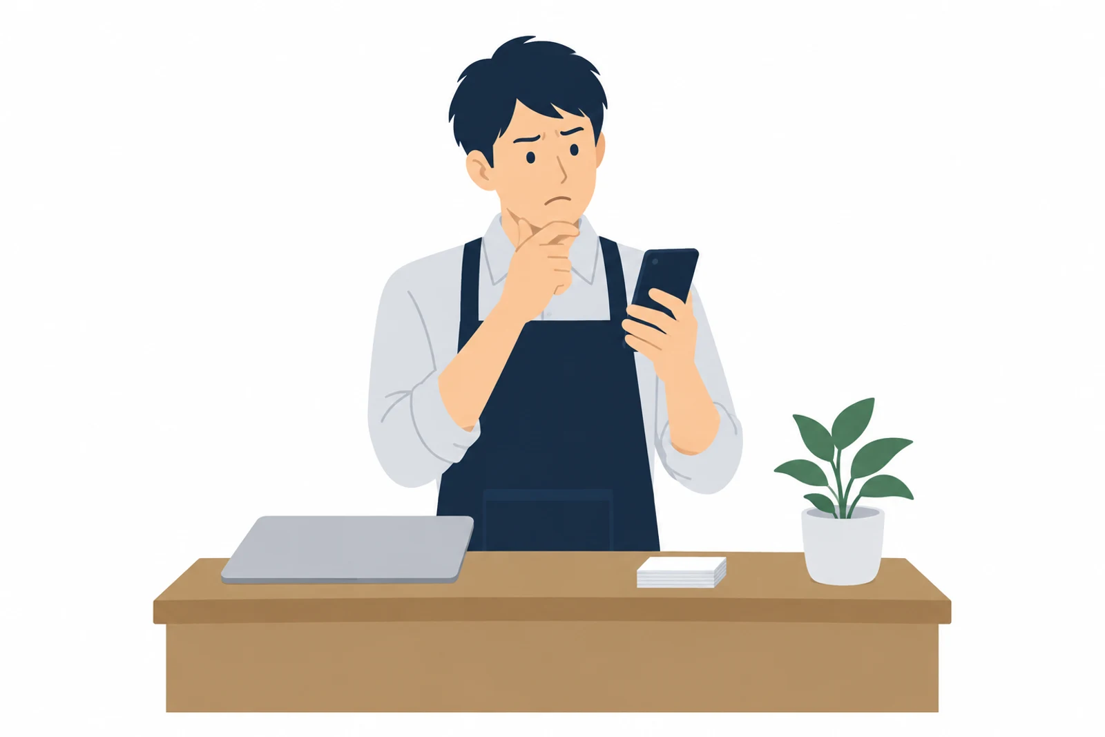 ホームページの集客ができず、自分の店が検索で見つかるかをスマホで確かめて首をかしげる店主のイラスト