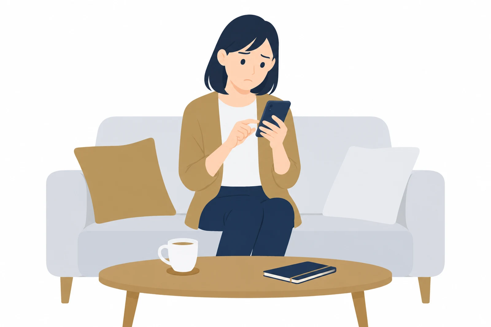 ホームページで問い合わせのボタンが見つからず、スマホを操作しながら困っている女性のイラスト