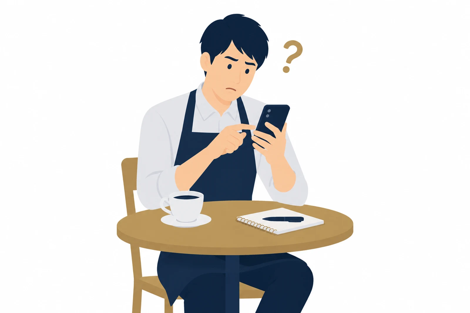 自分の店名で検索してもホームページが出てこず、スマホを見て戸惑う店主のイラスト