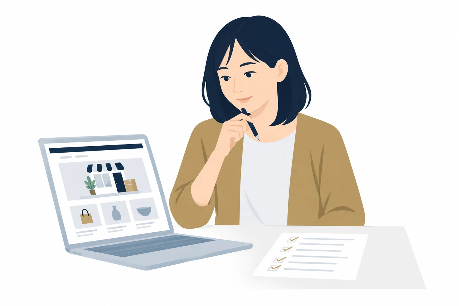 店名で検索してもホームページがGoogleに表示されない原因を、ページの中身と見比べて確かめる女性のイラスト