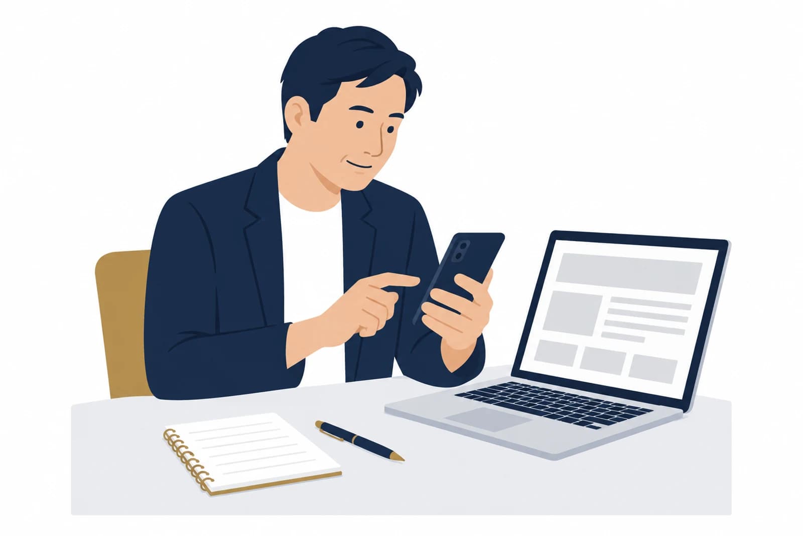 ホームページ制作の確認と修正の段階で、スマホとパソコンで仕上がりを見比べる男性のイラスト