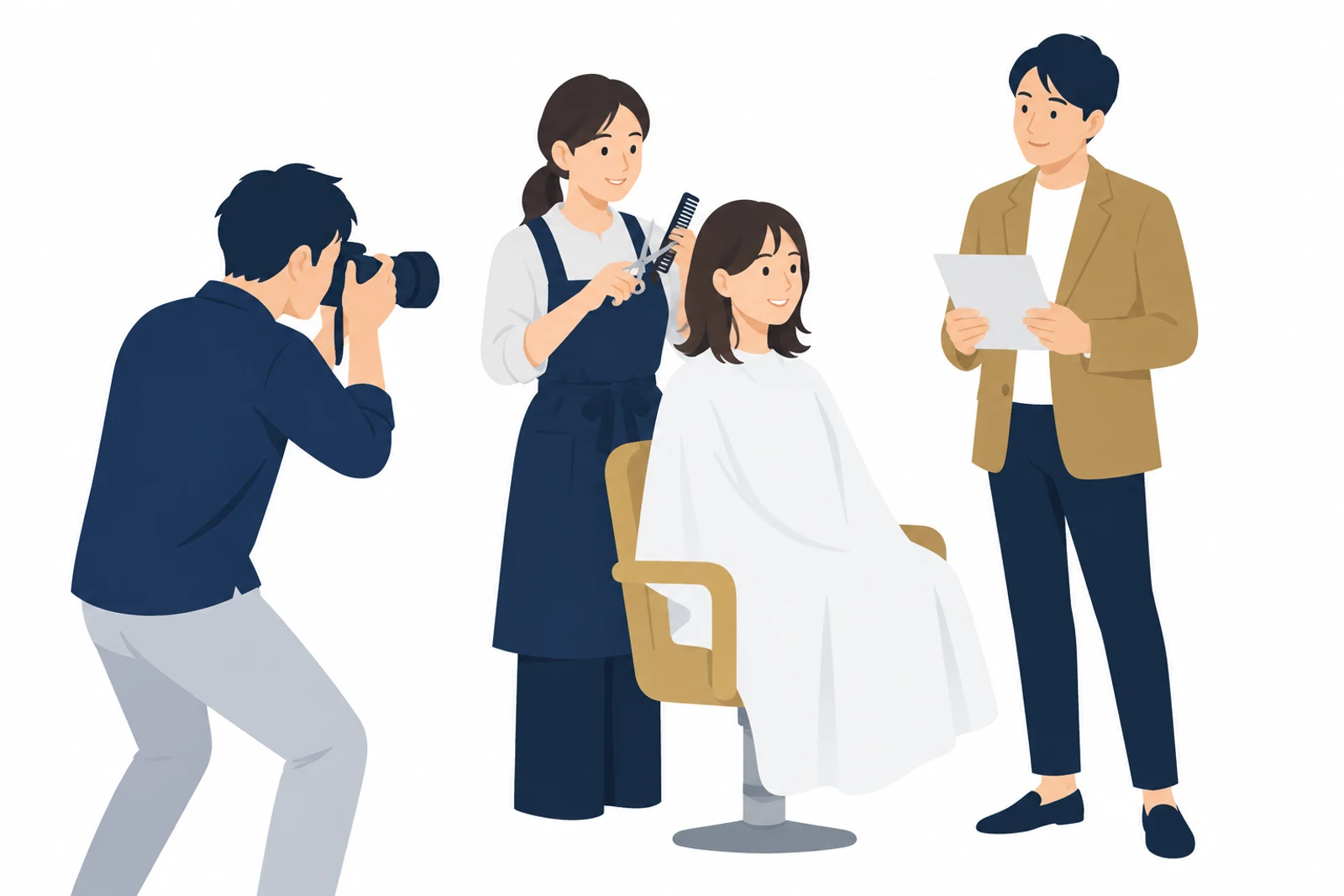 ホームページの写真撮影で、カメラマンが美容室のスタッフを撮り、店主が写真の一覧表を見ながら立ち会うイラスト