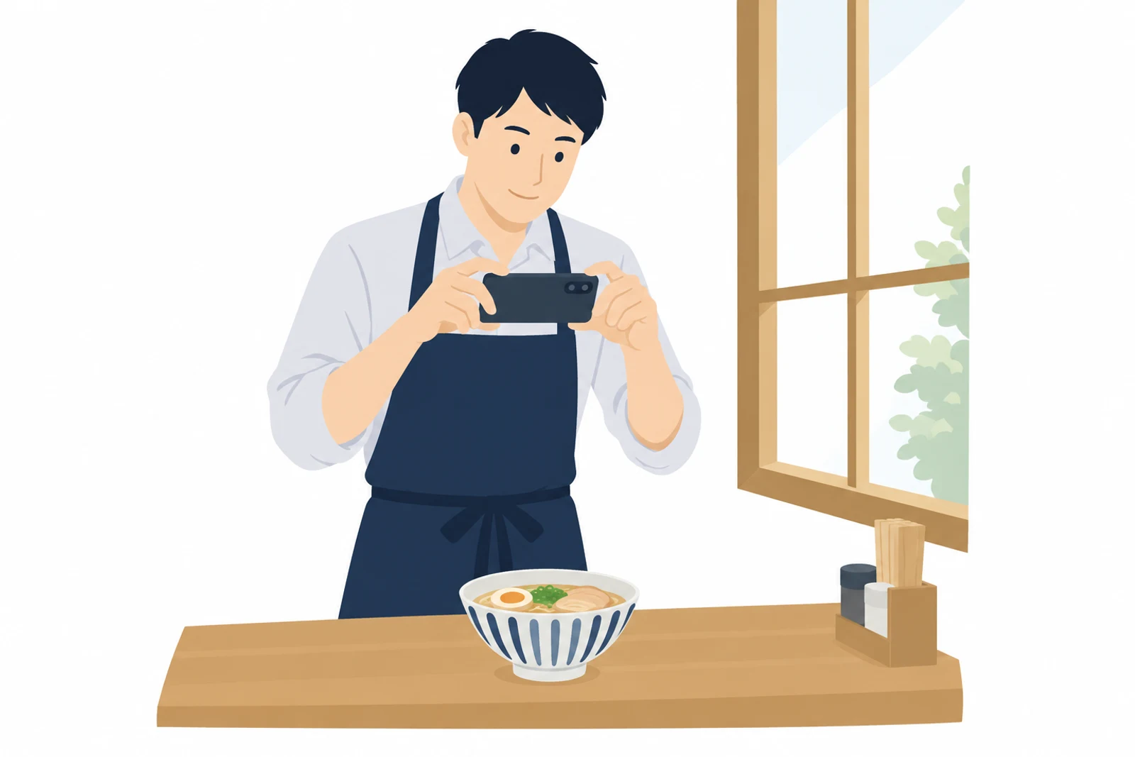 ホームページの写真の撮り方として、窓の光を使ってスマホを横に構え料理を撮る店主のイラスト