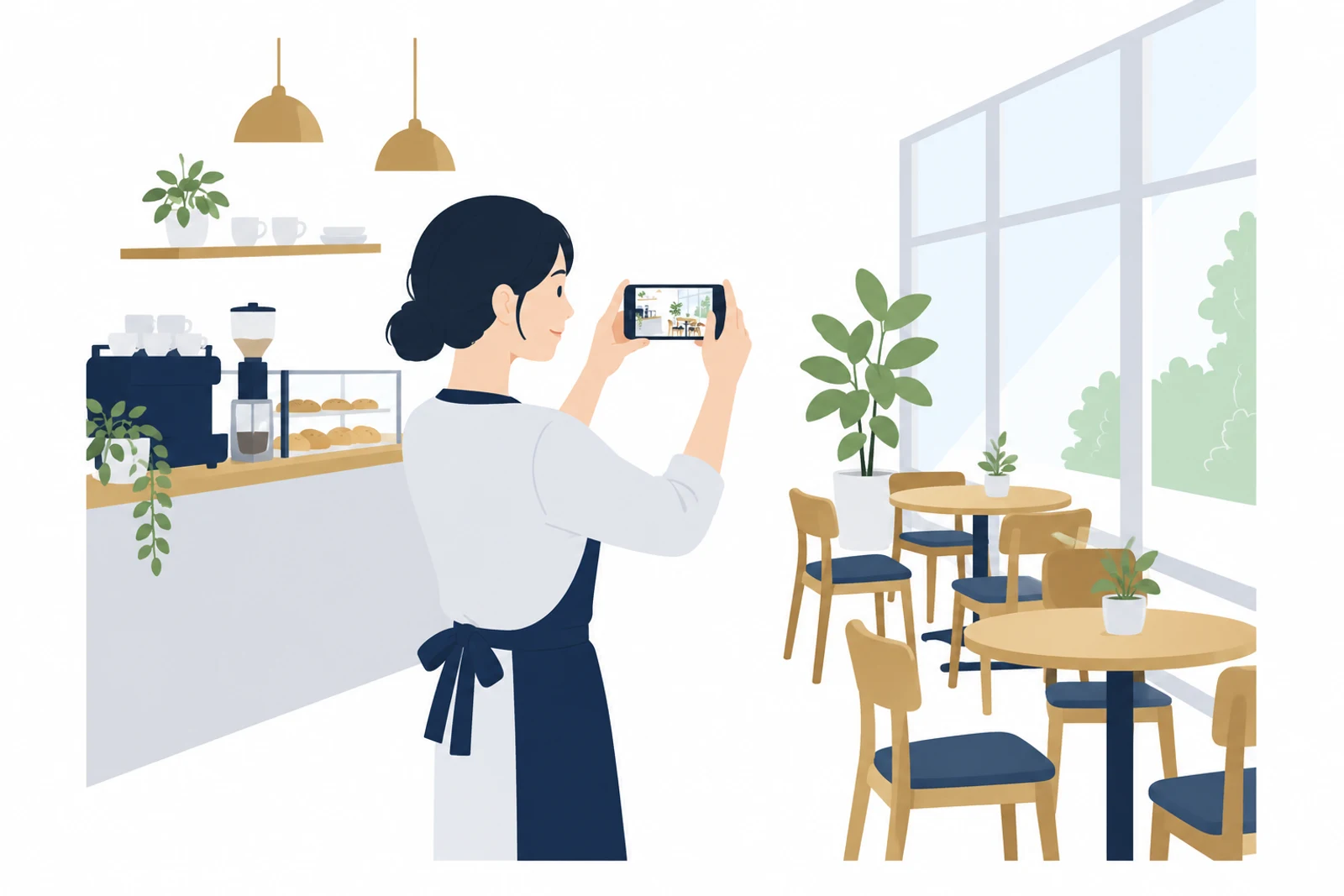 ホームページに必要な写真をそろえるため、明るい時間に店内をスマホで撮影する女性のイラスト