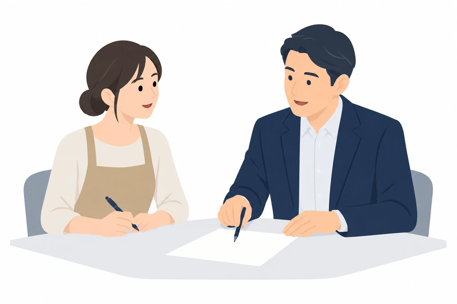 個人事業主がホームページの補助金について、商工会の窓口で相談している場面のイラスト