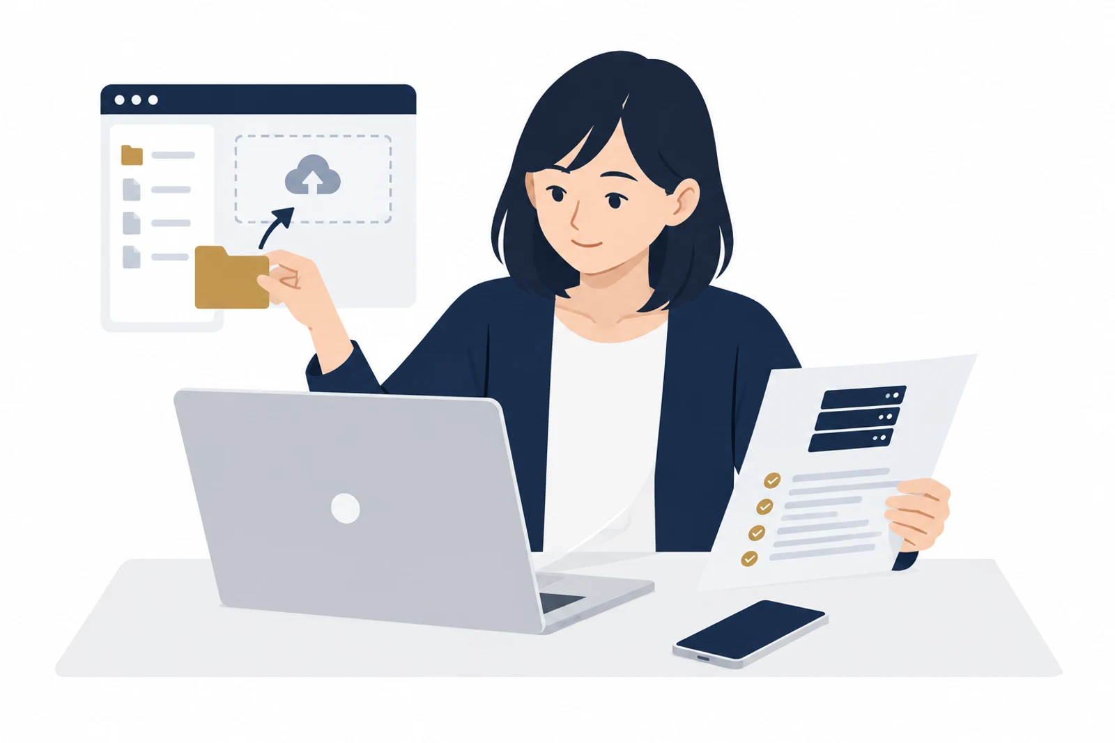 HTMLで作ったサイトのファイルをサーバーにアップロードしながら、設定の案内書を確かめる女性のイラスト