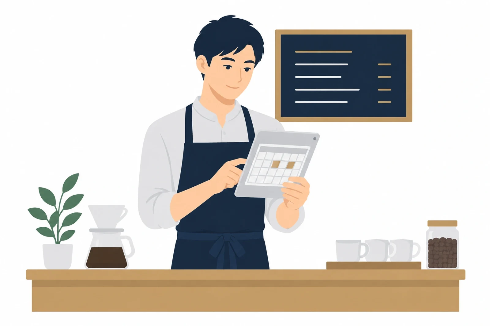 業種別ホームページの予約とメニューの情報をタブレットで確かめる飲食店の店主のイラスト