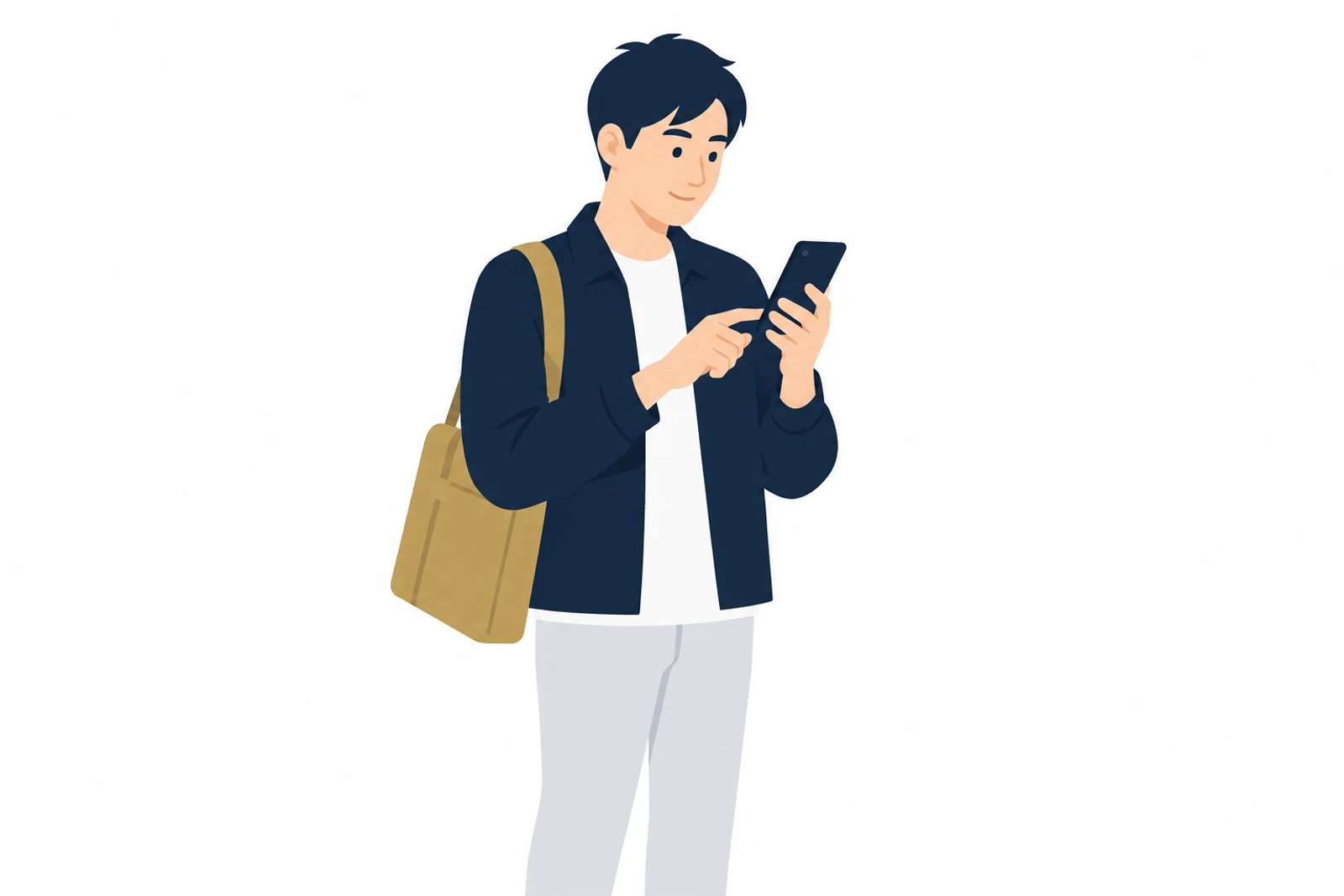 ランディングページのデザインを、スマホで親指を使ってスクロールしながら読み進める男性のイラスト