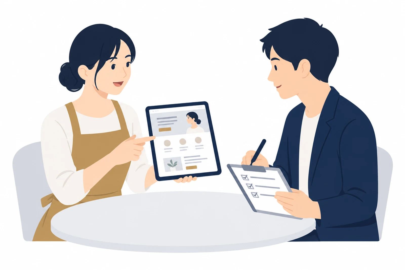 LPの反応がない理由を、タブレットでLPを見せながら制作の担当者に相談する事業者のイラスト