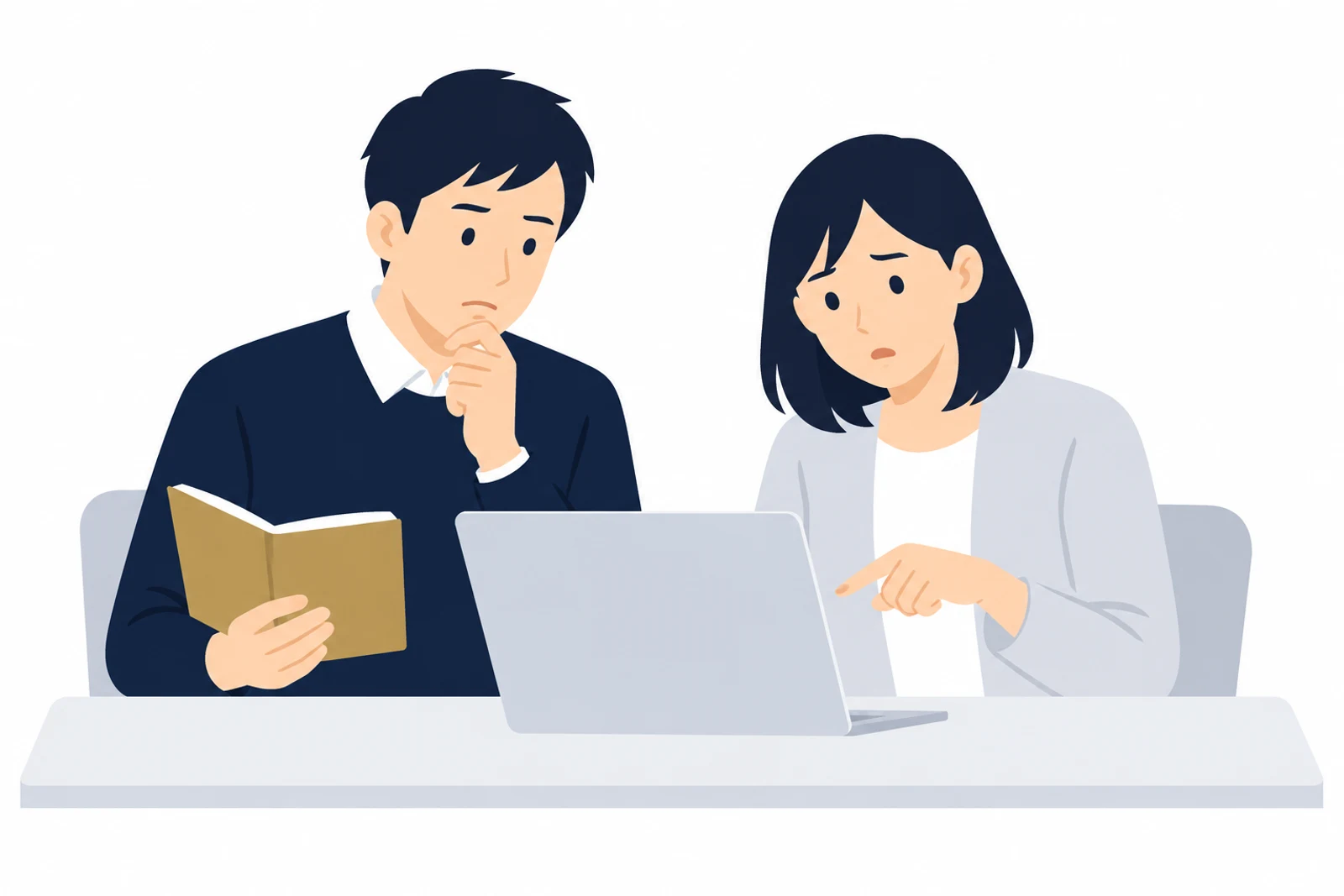 LPの効果測定の数字が合わず、ノートパソコンを見ながら原因を話し合う2人のイラスト