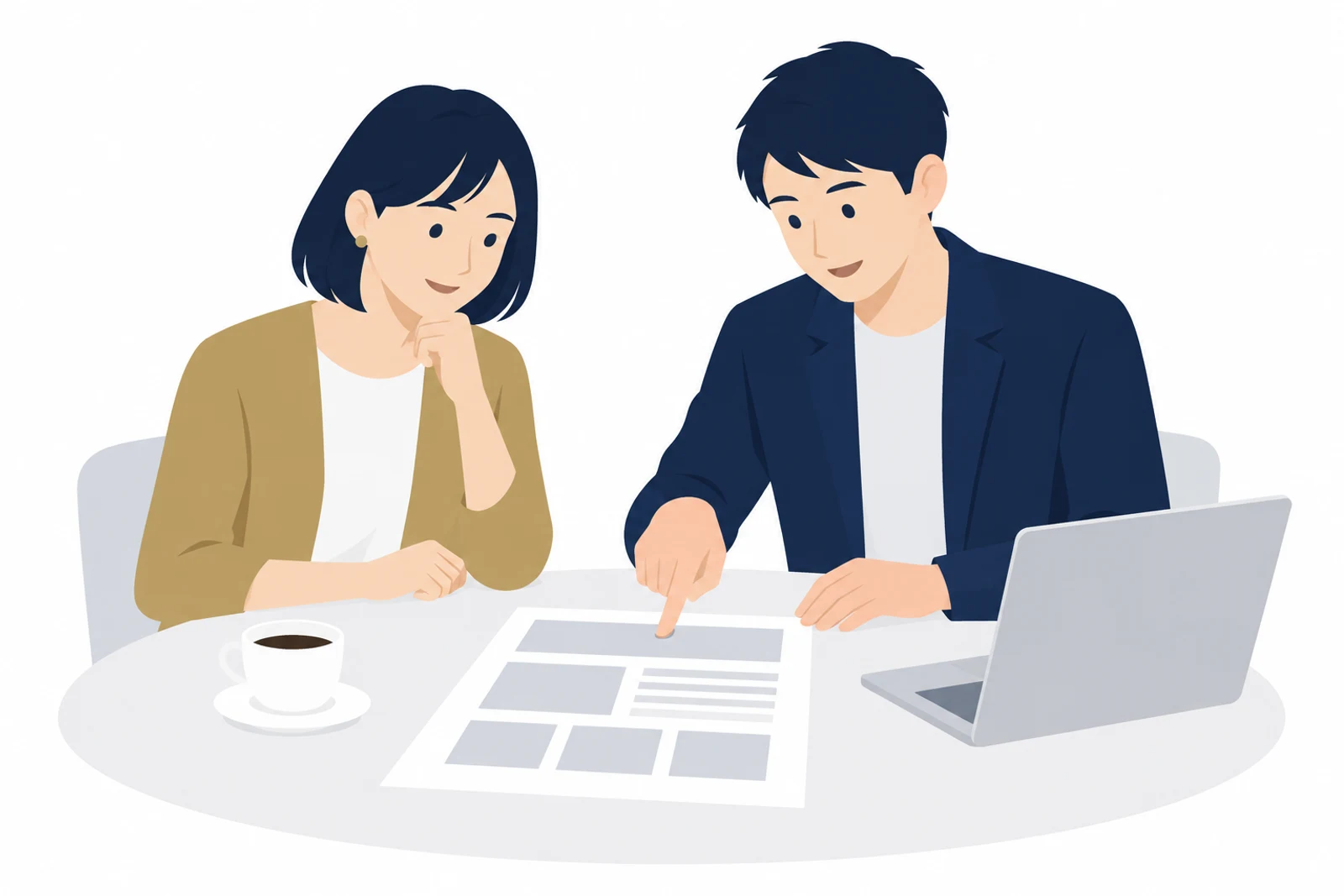 LP制作の流れの中で、構成案の紙を見ながら打ち合わせをする店主と制作担当者のイラスト
