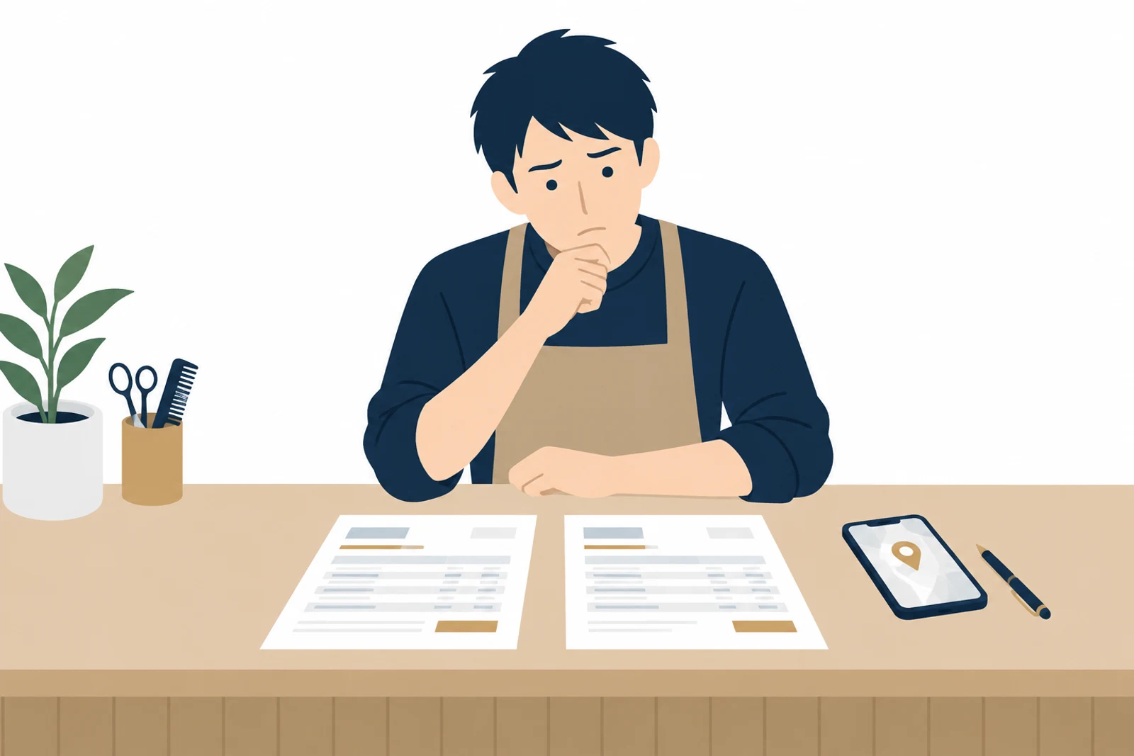 MEO対策の費用の見積書を2枚並べて、中身の違いに迷う美容室の店主のイラスト